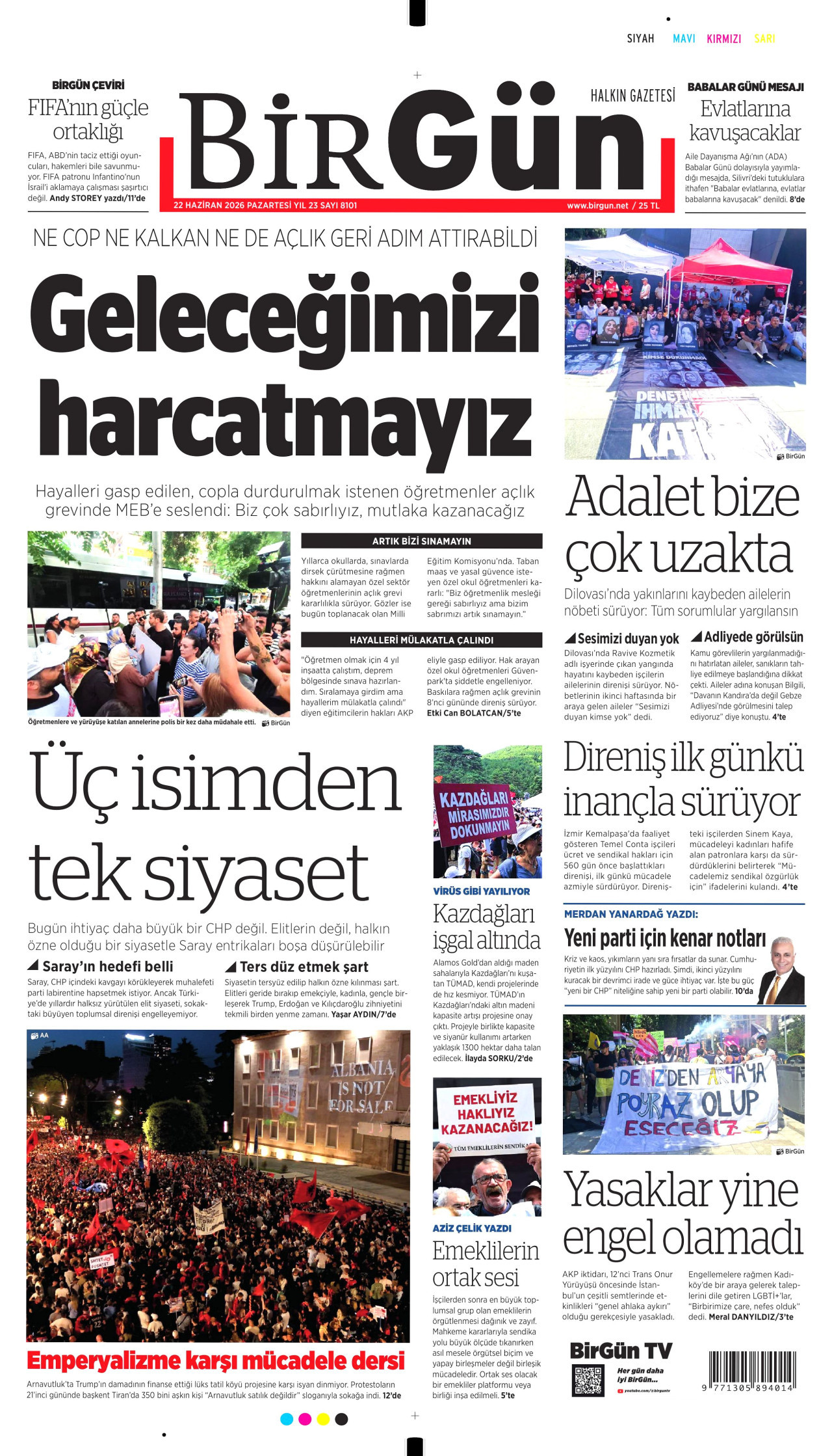 BİRGÜN gazetesinin 22 Haziran 2026 tarihli birinci sayfası