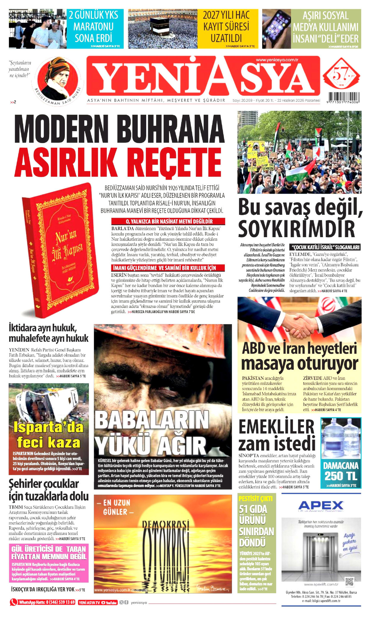 YENİ ASYA gazetesinin 22 Haziran 2026 tarihli birinci sayfası