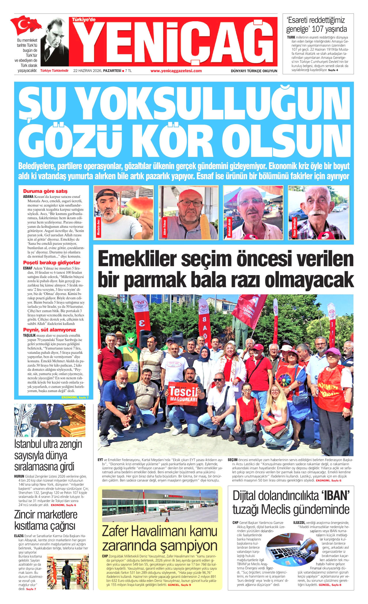 YENİÇAĞ gazetesinin 22 Haziran 2026 tarihli birinci sayfası