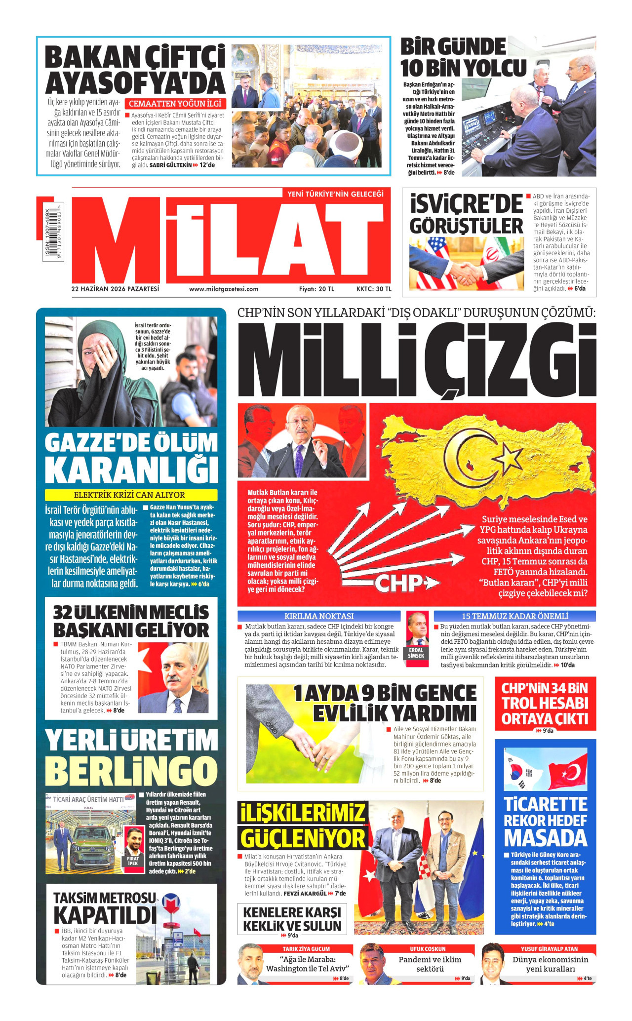 MİLAT gazetesinin 22 Haziran 2026 tarihli birinci sayfası