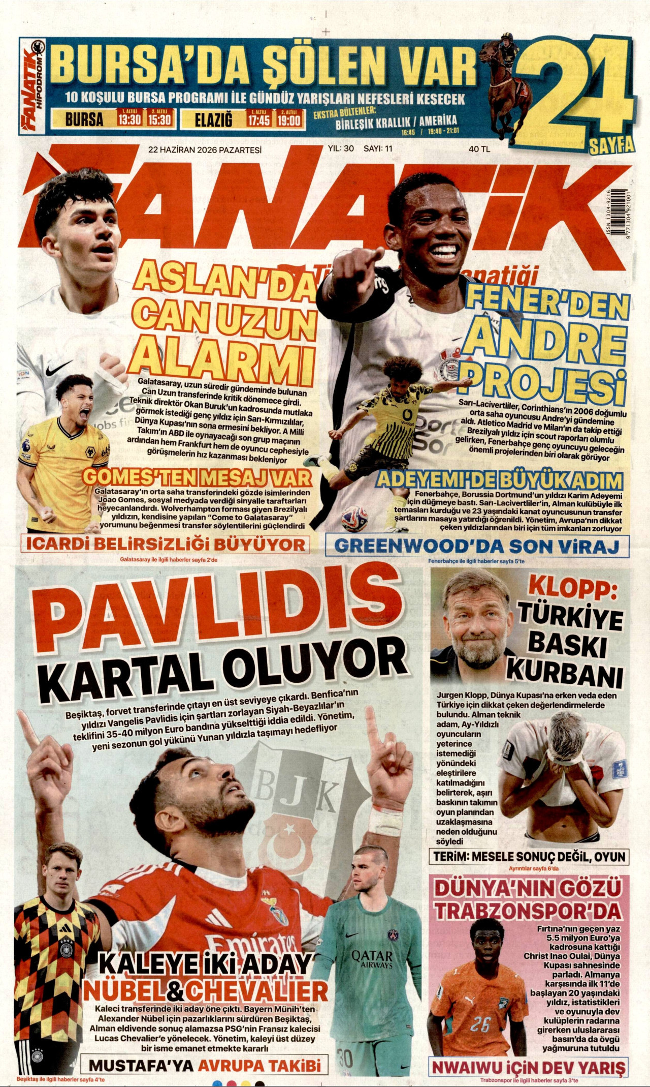 FANATİK gazetesinin 22 Haziran 2026 tarihli birinci sayfası