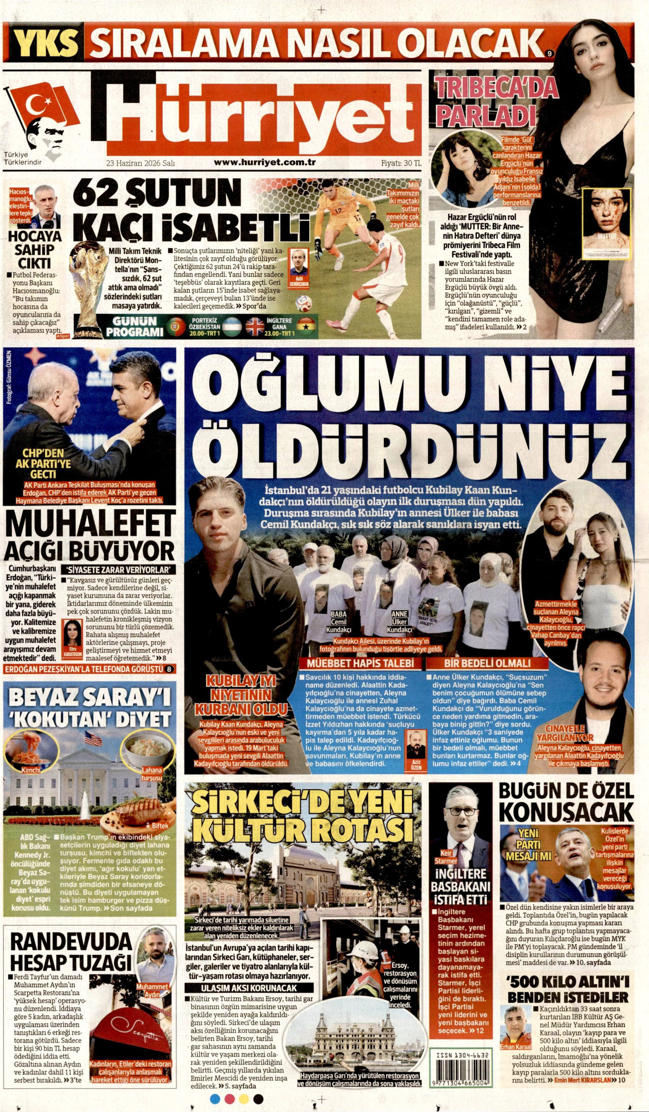 HÜRRİYET gazetesinin 23 Haziran 2026 tarihli birinci sayfası