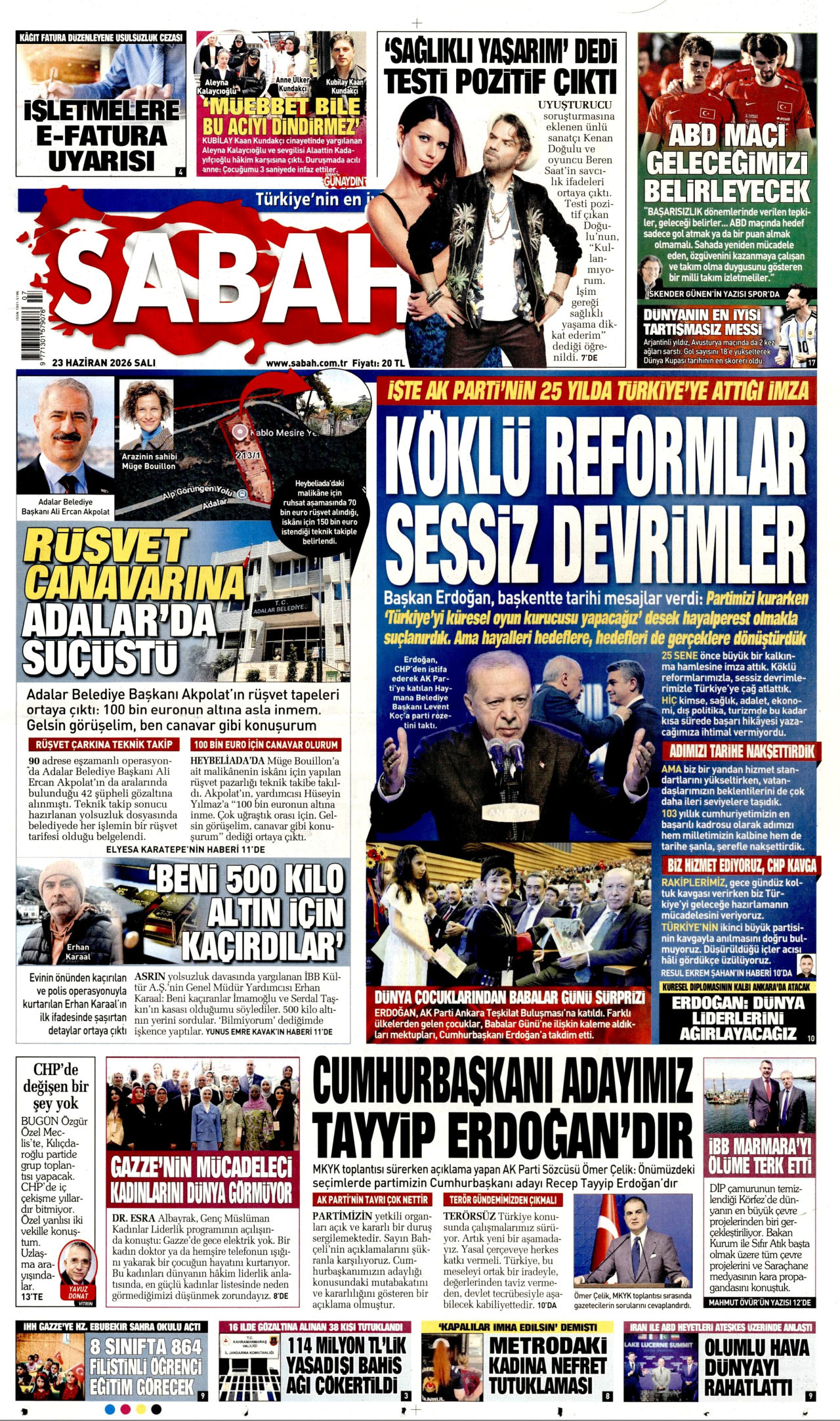 SABAH gazetesinin 23 Haziran 2026 tarihli birinci sayfası