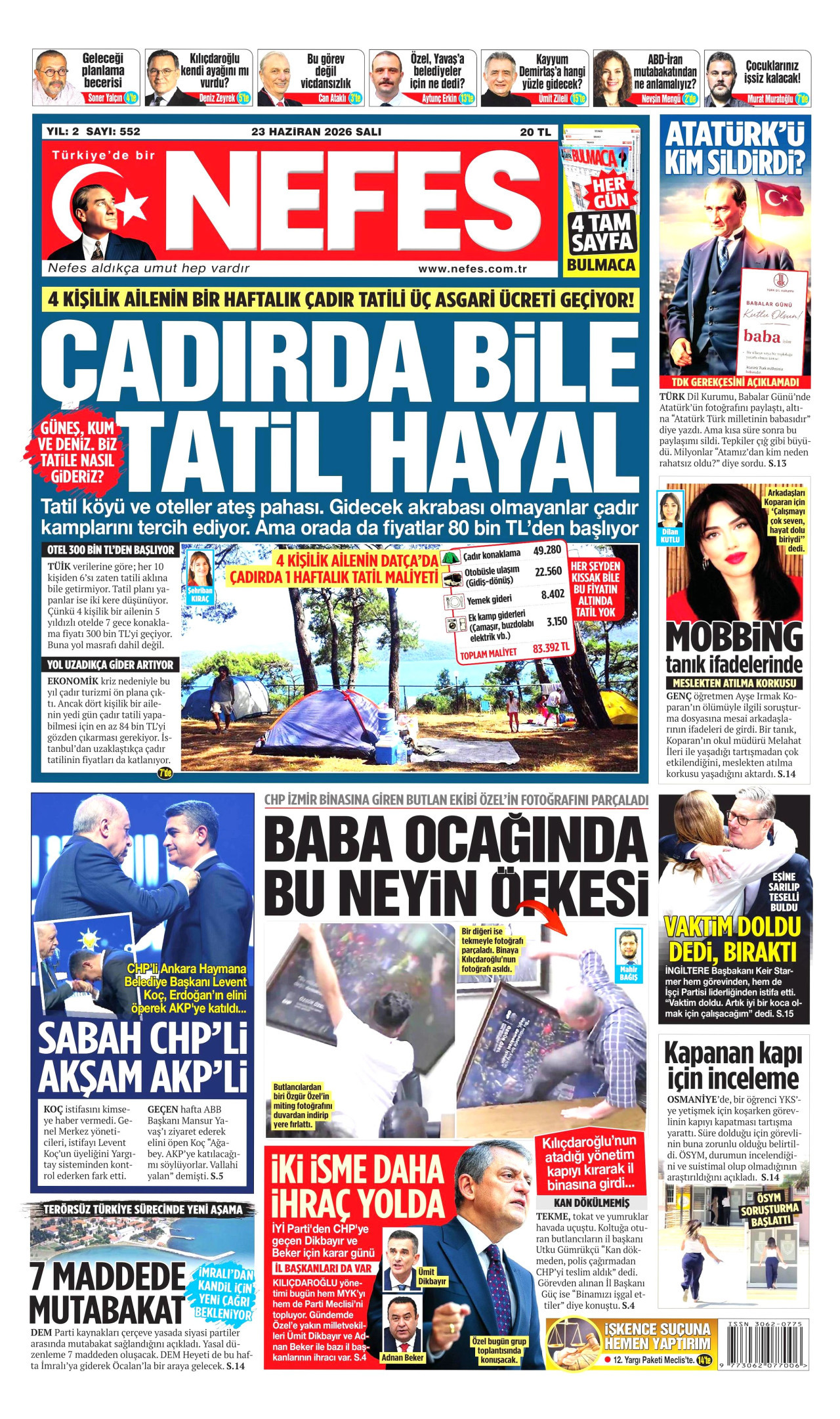 NEFES gazetesinin 23 Haziran 2026 tarihli birinci sayfası