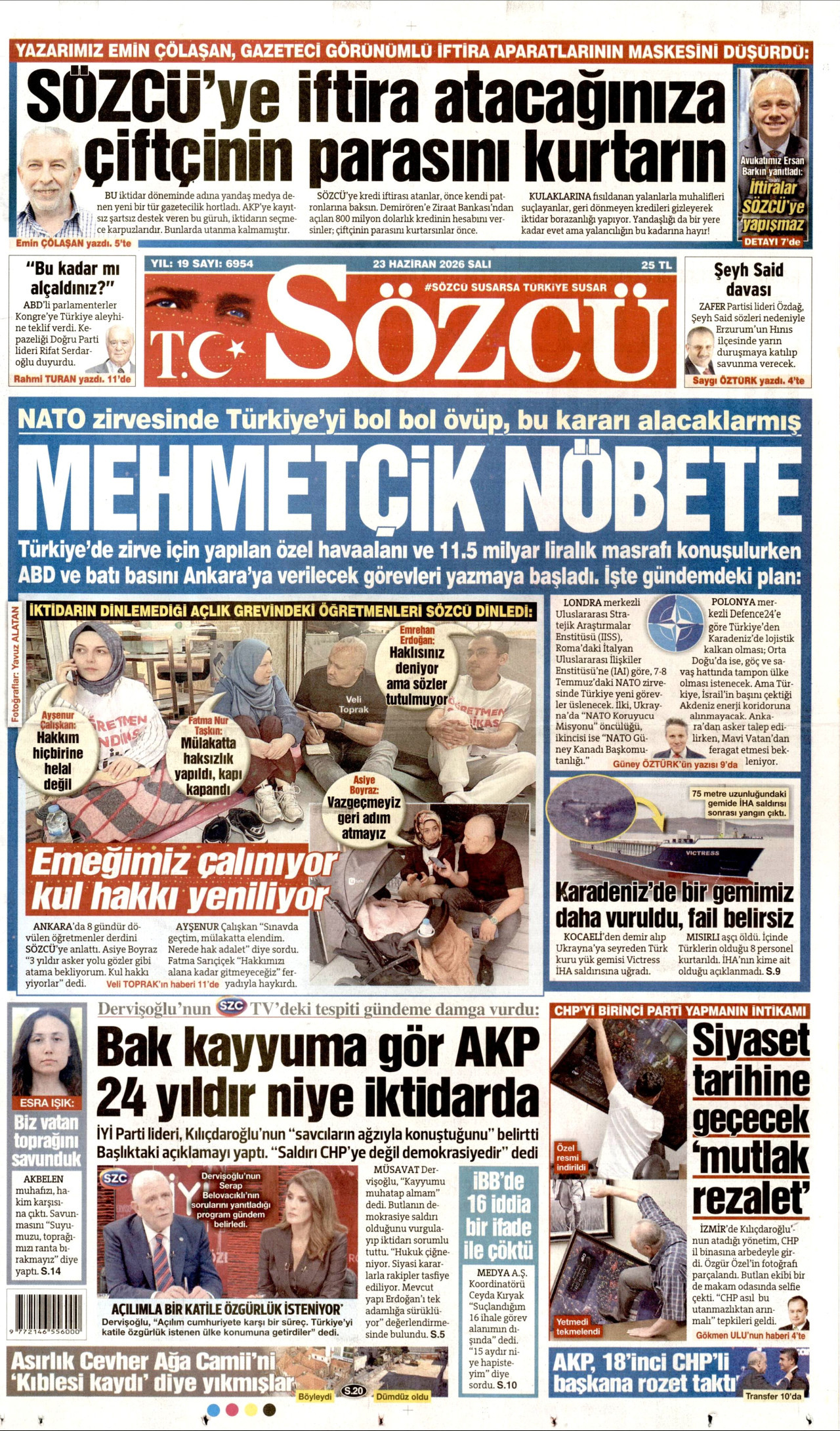 SÖZCÜ gazetesinin 23 Haziran 2026 tarihli birinci sayfası