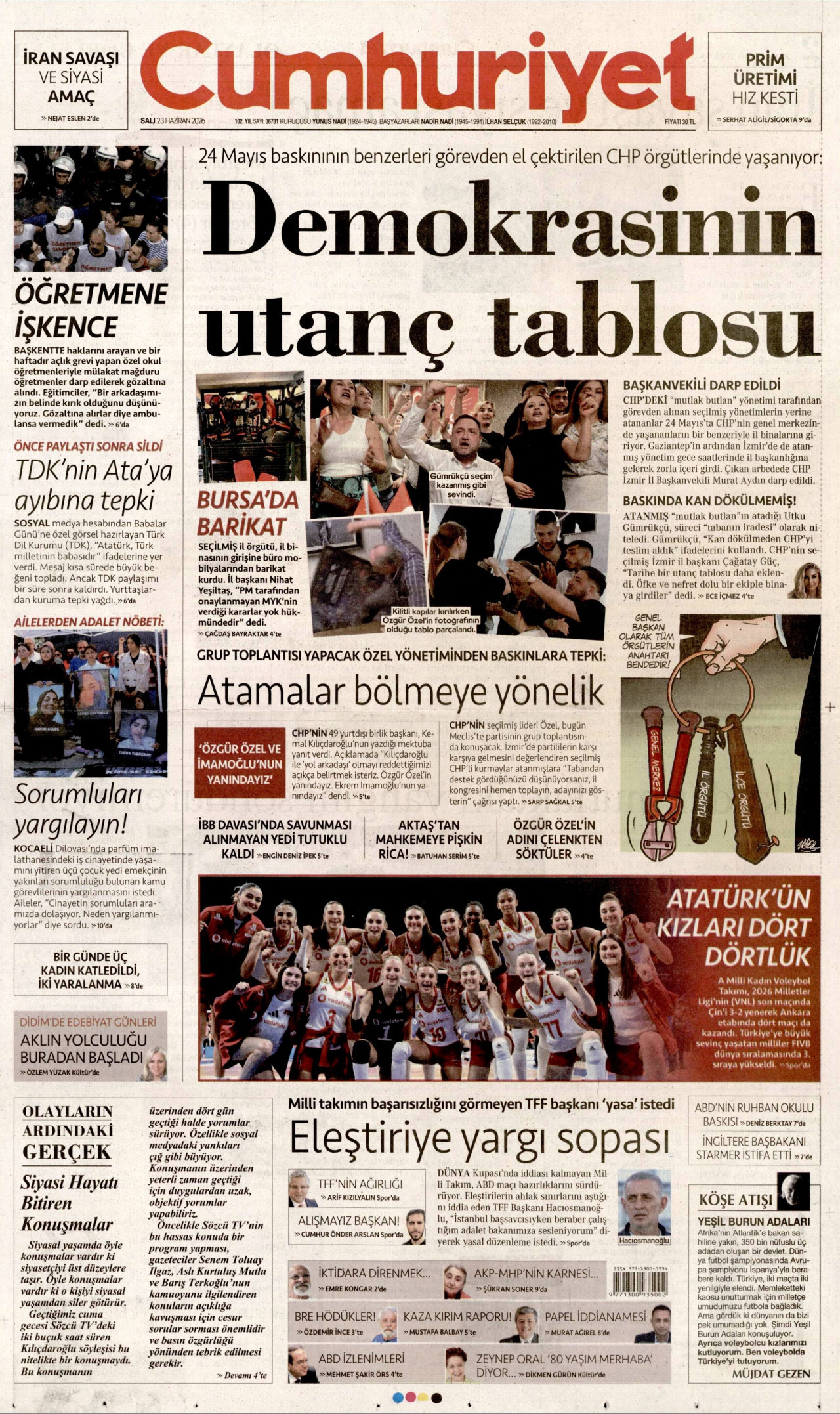 CUMHURİYET gazetesinin 23 Haziran 2026 tarihli birinci sayfası