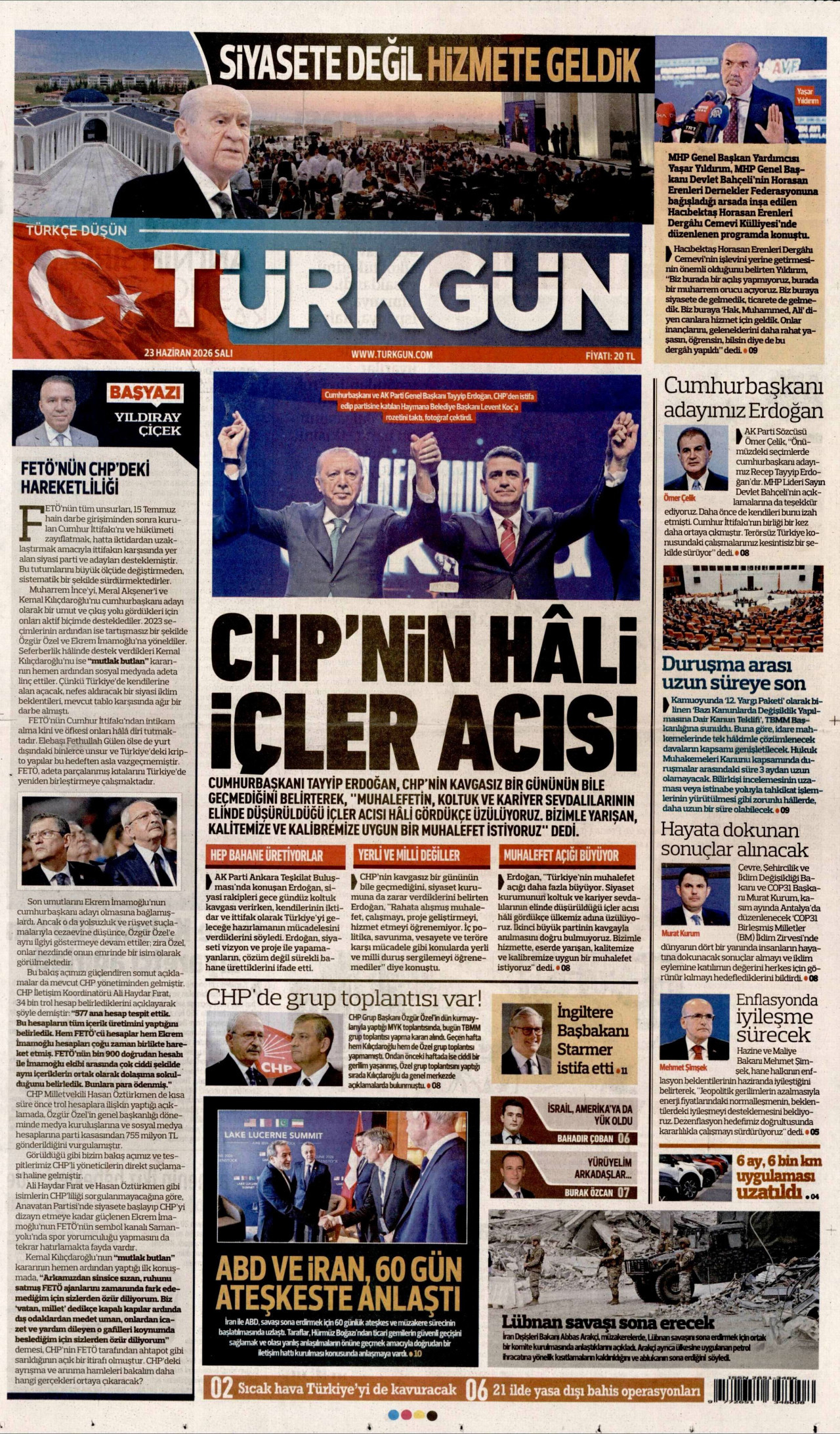 TÜRKGÜN gazetesinin 23 Haziran 2026 tarihli birinci sayfası