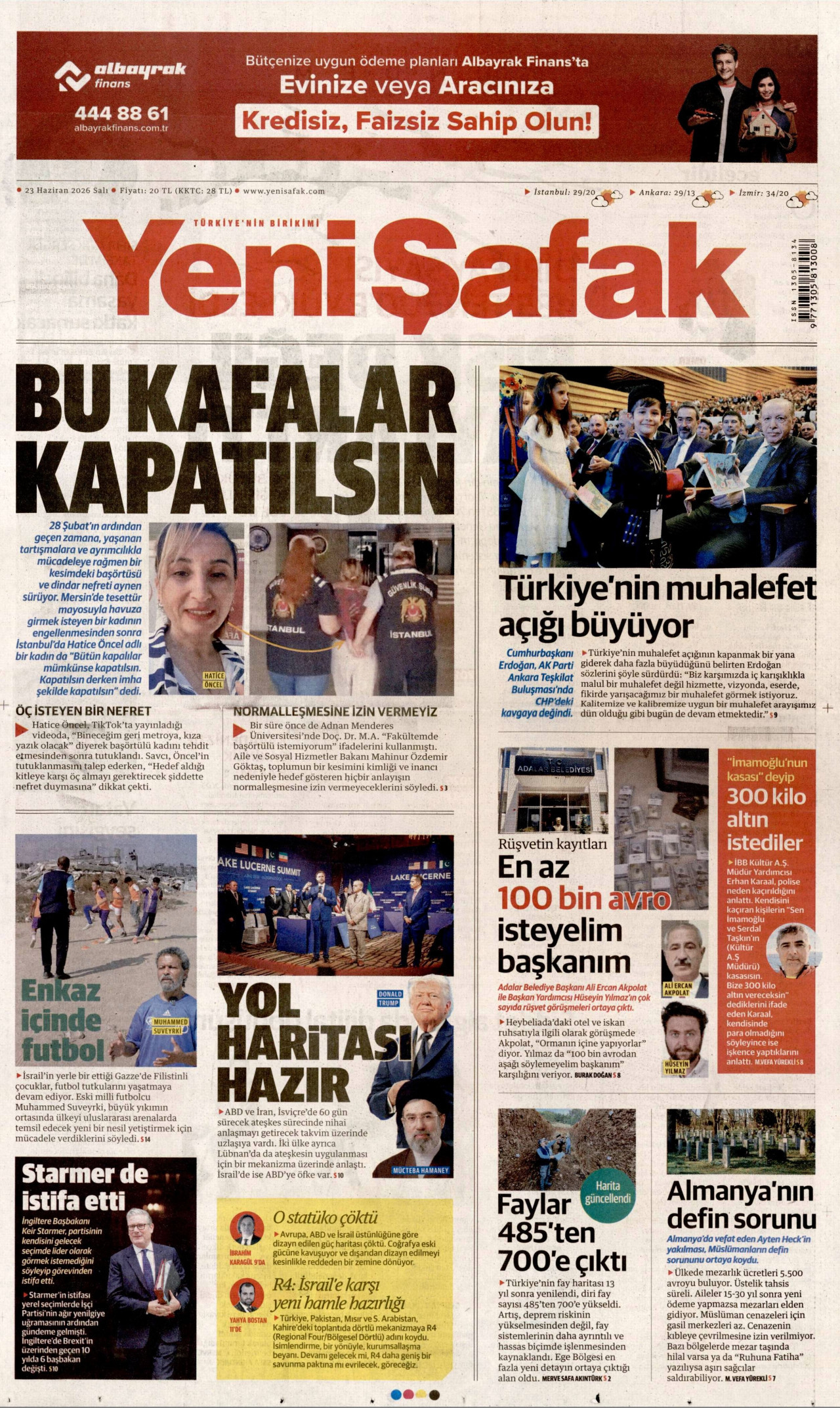 YENİ ŞAFAK gazetesinin 23 Haziran 2026 tarihli birinci sayfası