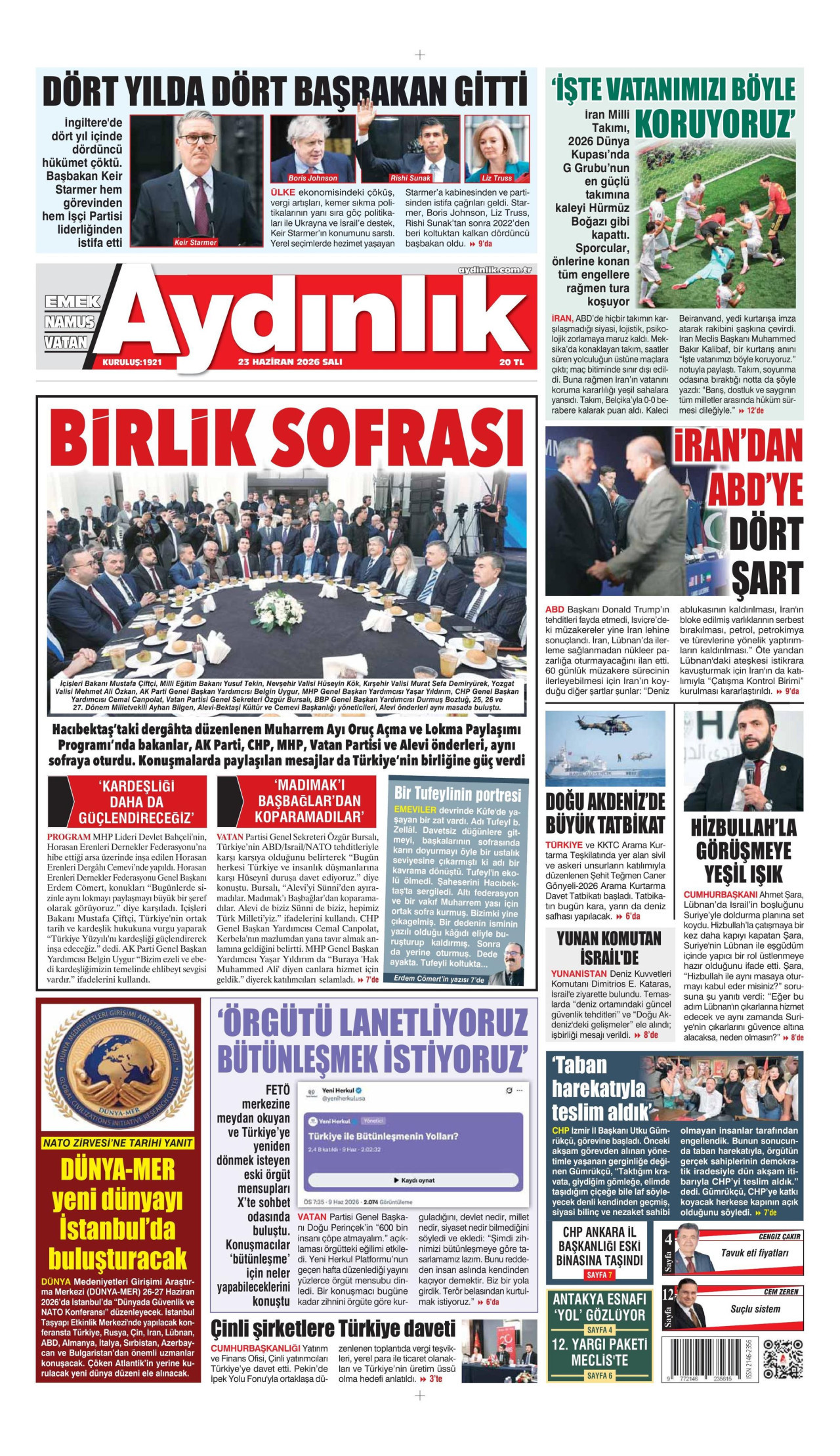 AYDINLIK GAZETESİ gazetesinin 23 Haziran 2026 tarihli birinci sayfası