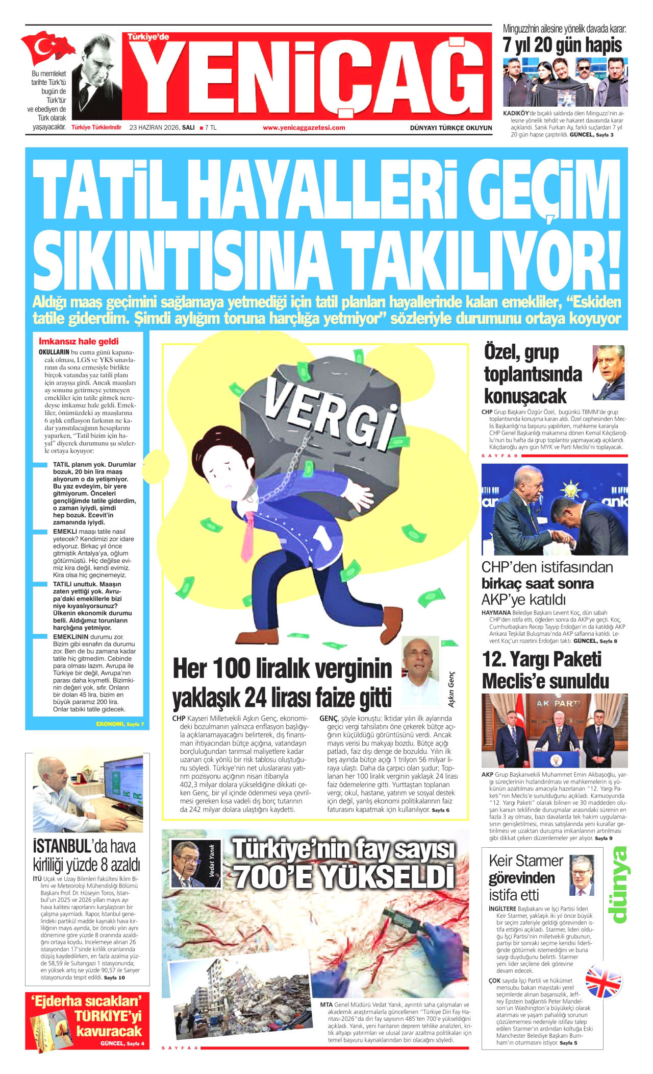 YENİÇAĞ gazetesinin 23 Haziran 2026 tarihli birinci sayfası