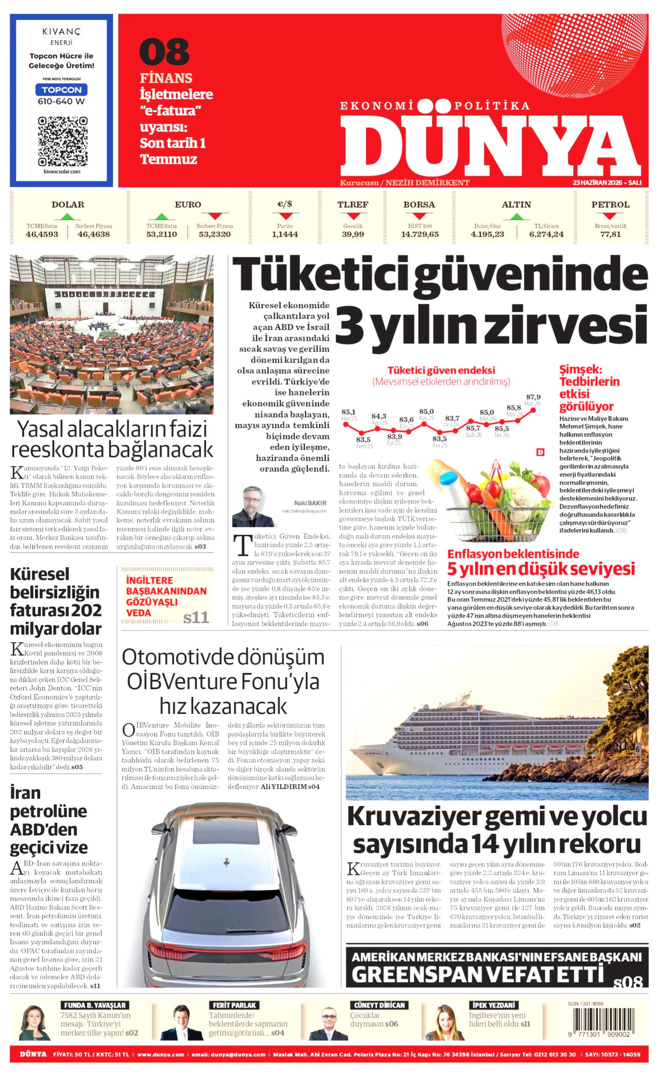 DÜNYA gazetesinin 23 Haziran 2026 tarihli birinci sayfası