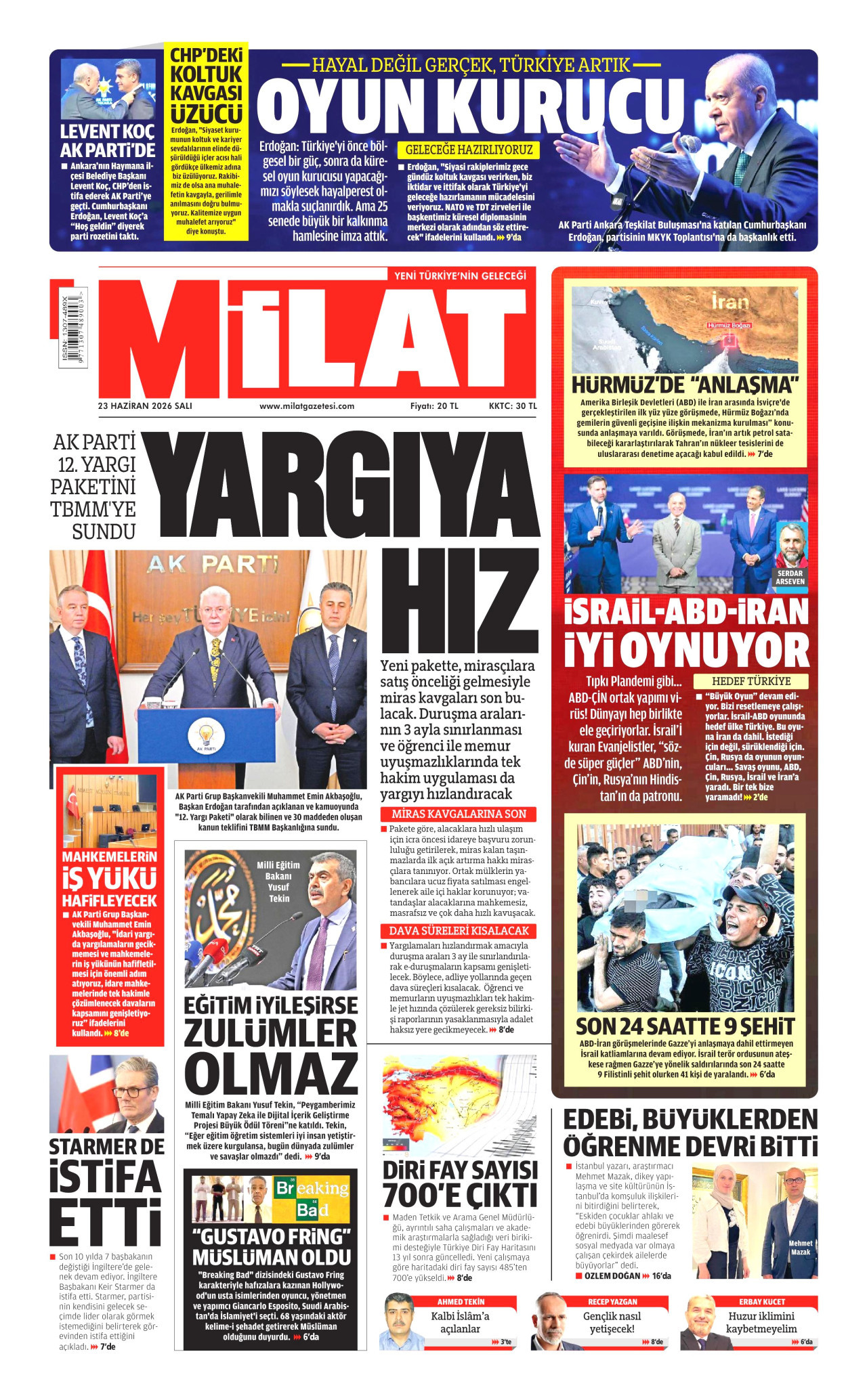 MİLAT gazetesinin 23 Haziran 2026 tarihli birinci sayfası