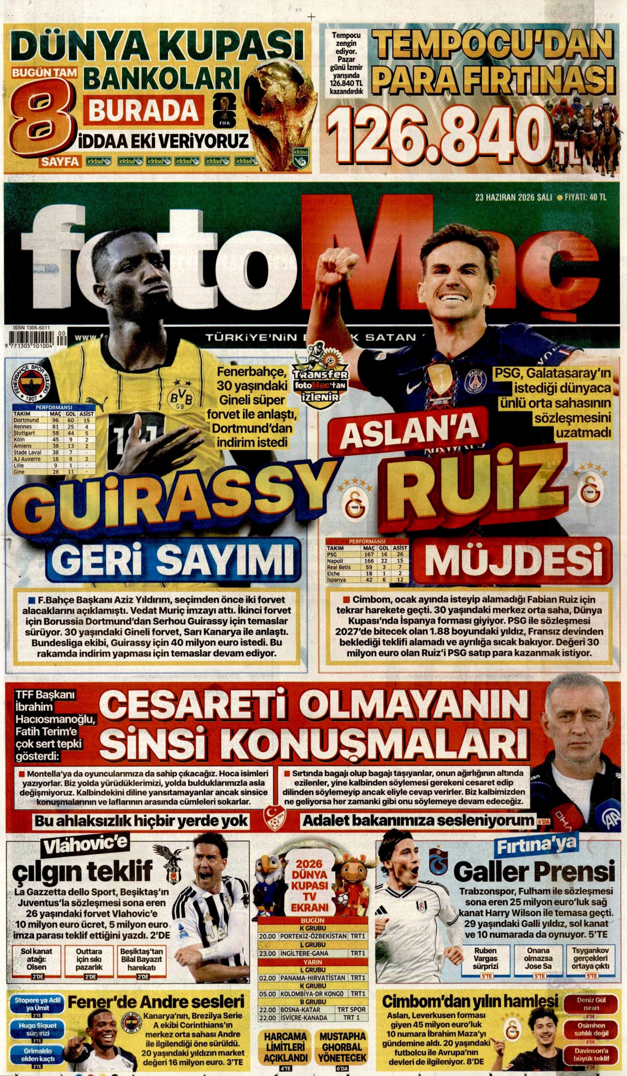 FOTOMAÇ gazetesinin 23 Haziran 2026 tarihli birinci sayfası