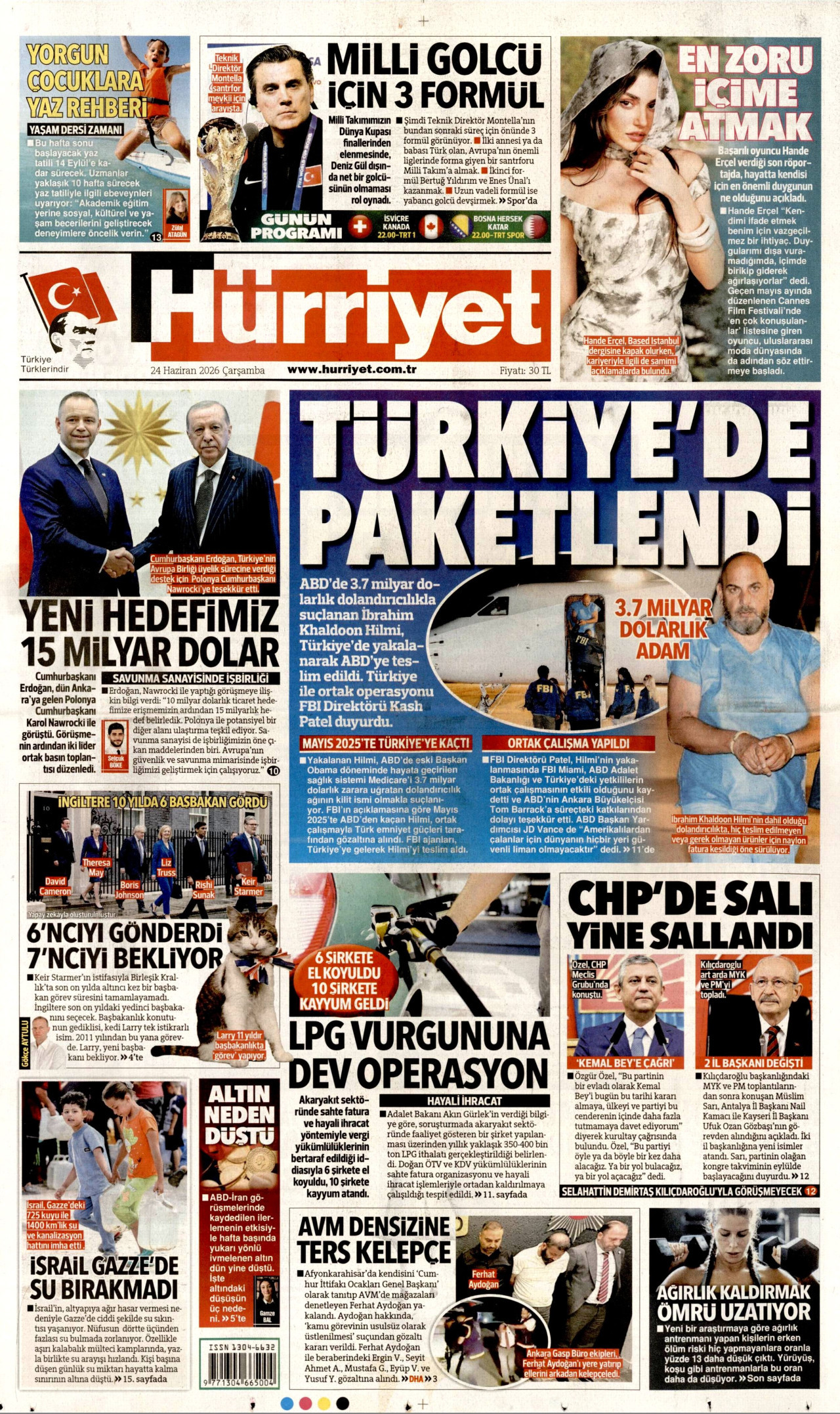 HÜRRİYET gazetesinin 24 Haziran 2026 tarihli birinci sayfası