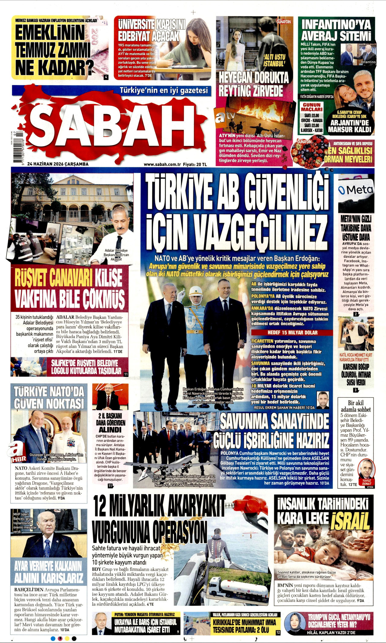 SABAH gazetesinin 24 Haziran 2026 tarihli birinci sayfası