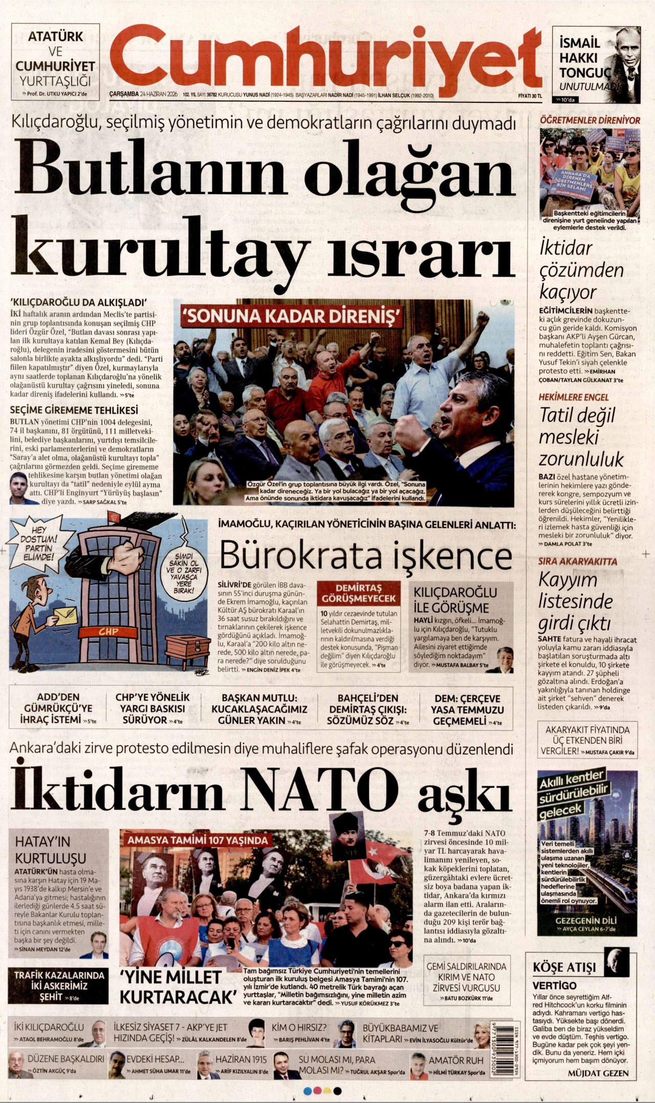 CUMHURİYET gazetesinin 24 Haziran 2026 tarihli birinci sayfası