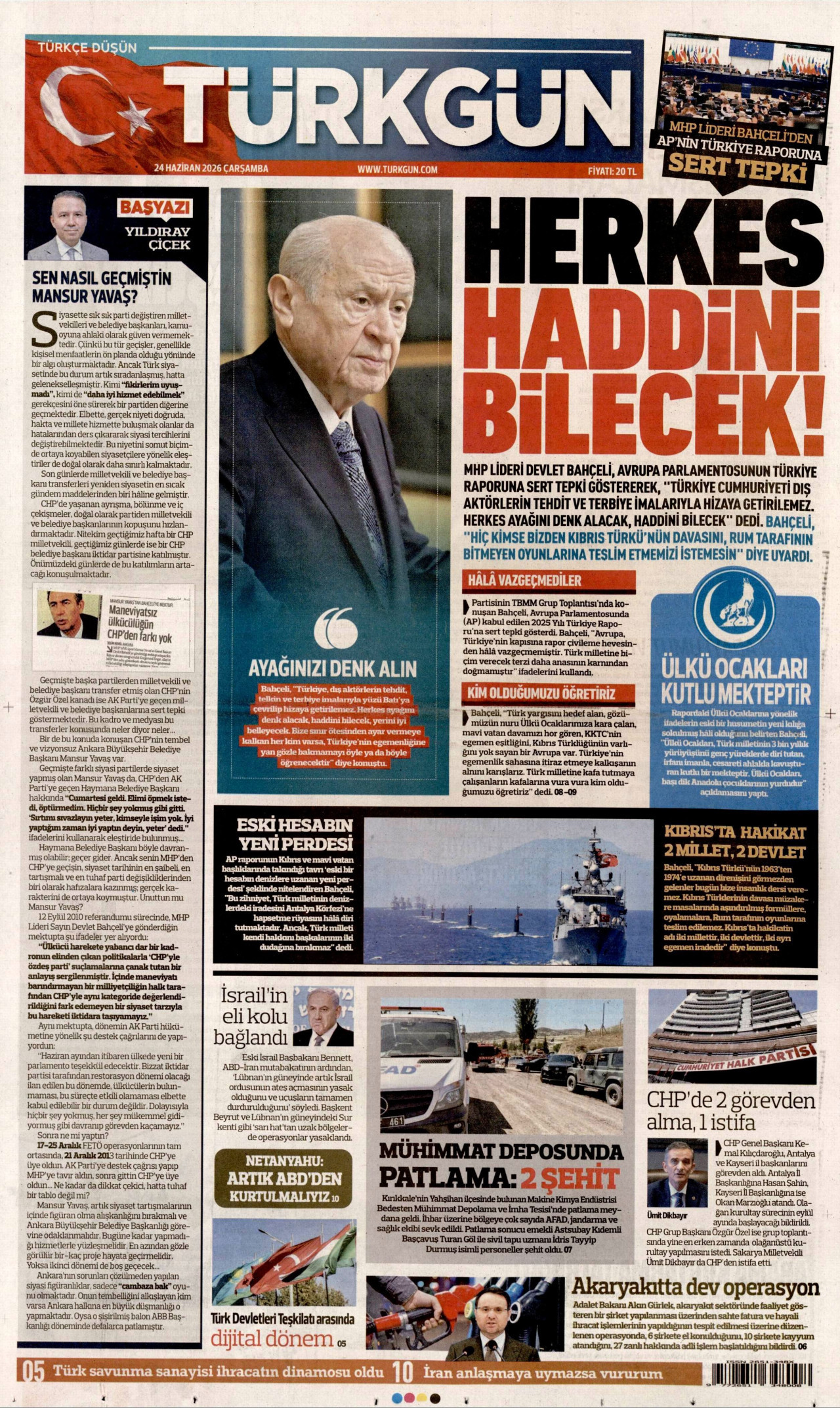 TÜRKGÜN gazetesinin 24 Haziran 2026 tarihli birinci sayfası