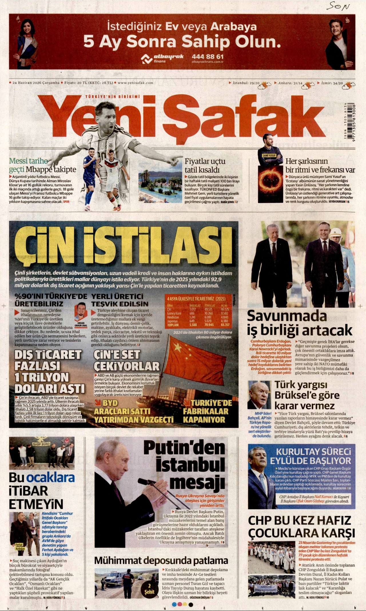 YENİ ŞAFAK gazetesinin 24 Haziran 2026 tarihli birinci sayfası