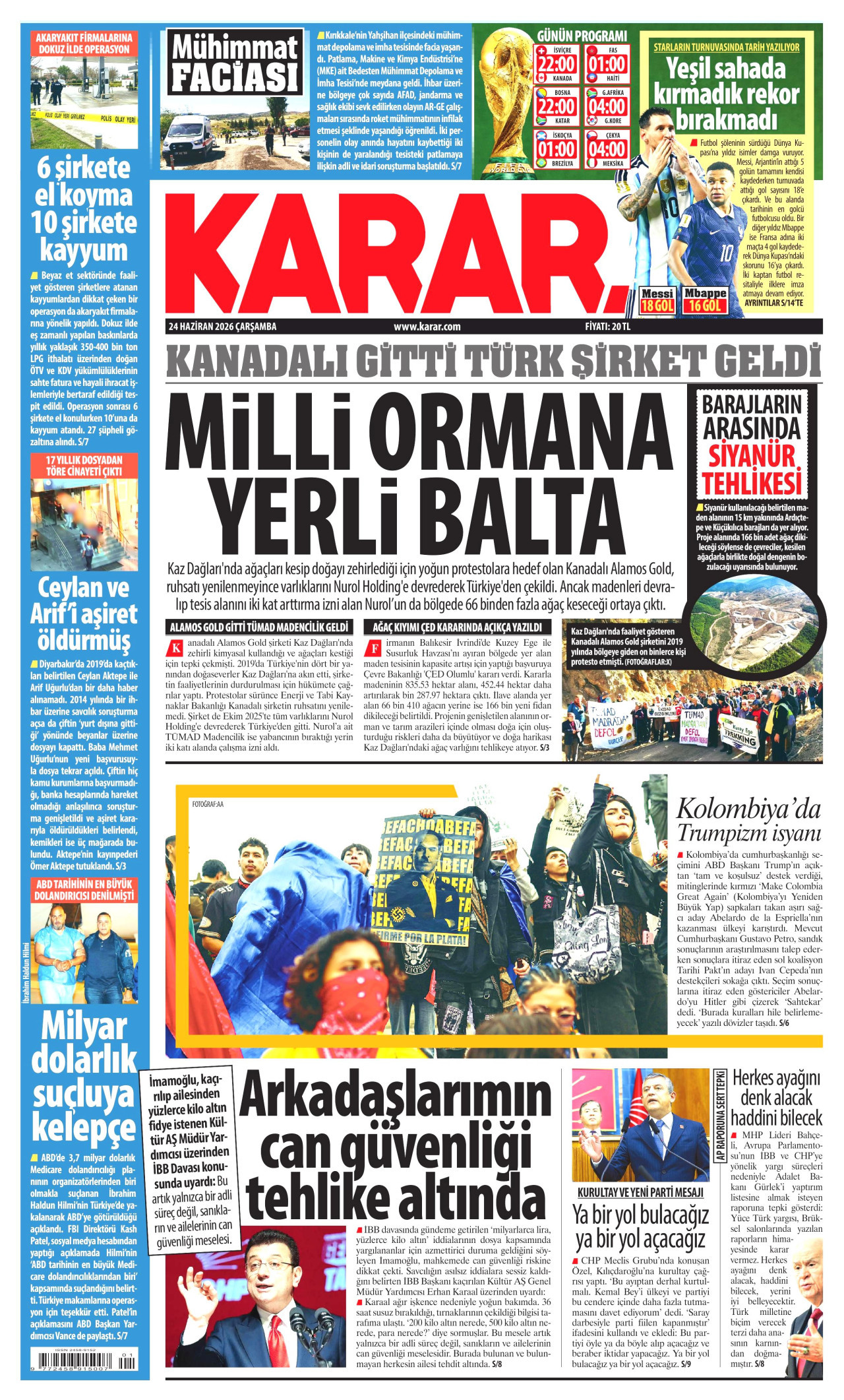 KARAR gazetesinin 24 Haziran 2026 tarihli birinci sayfası
