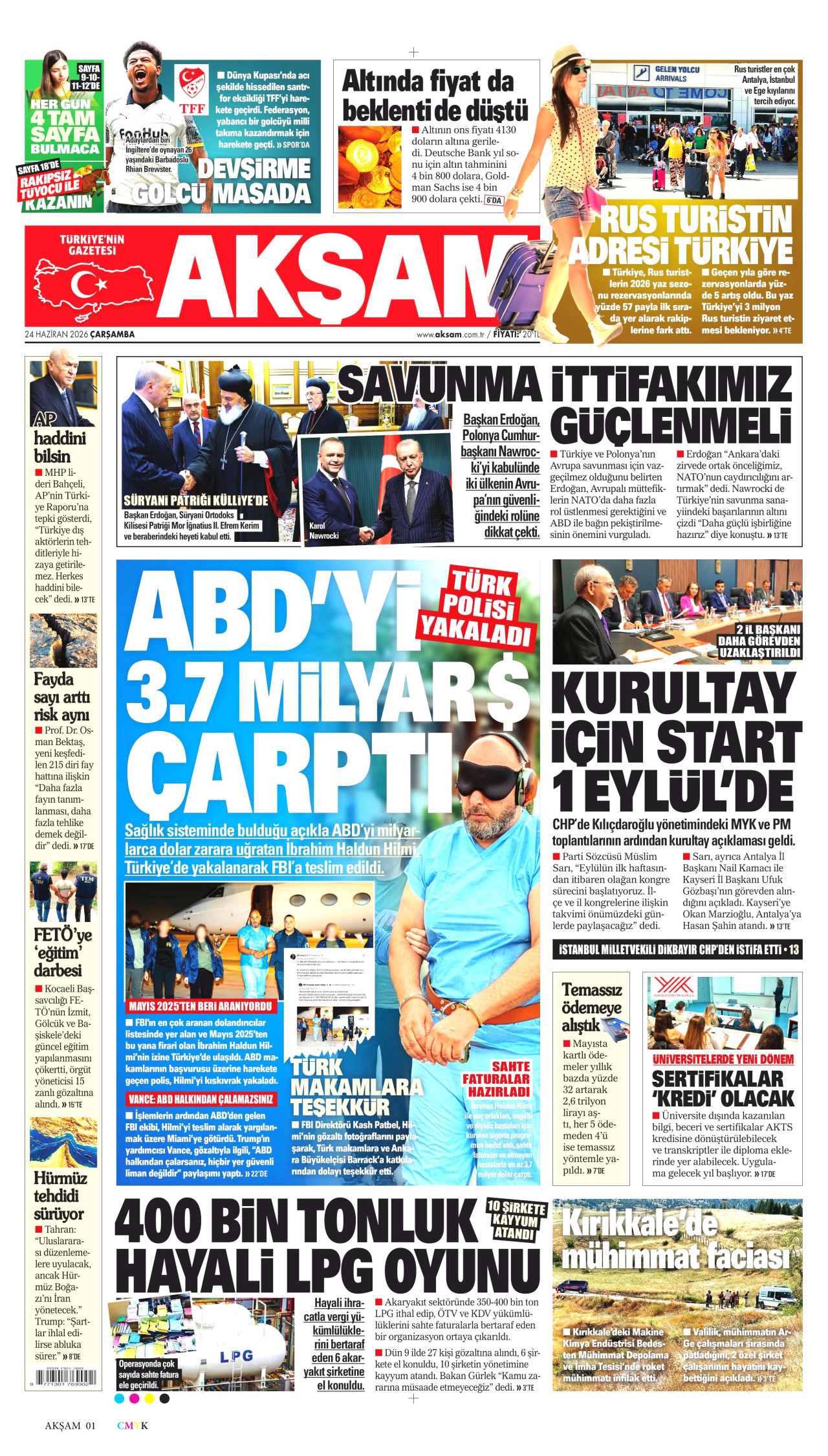 AKŞAM gazetesinin 24 Haziran 2026 tarihli birinci sayfası