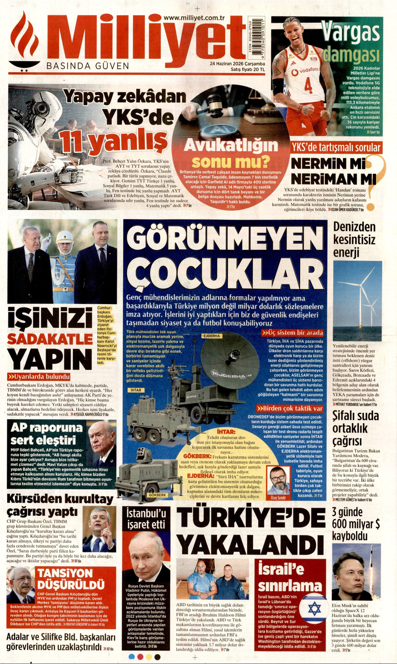 MİLLİYET gazetesinin 24 Haziran 2026 tarihli birinci sayfası