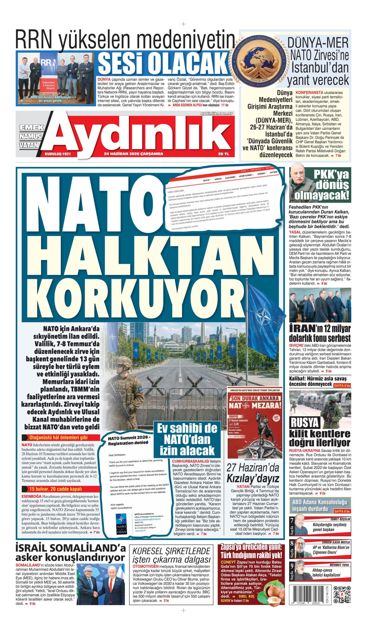 AYDINLIK GAZETESİ gazetesinin 24 Haziran 2026 tarihli birinci sayfası