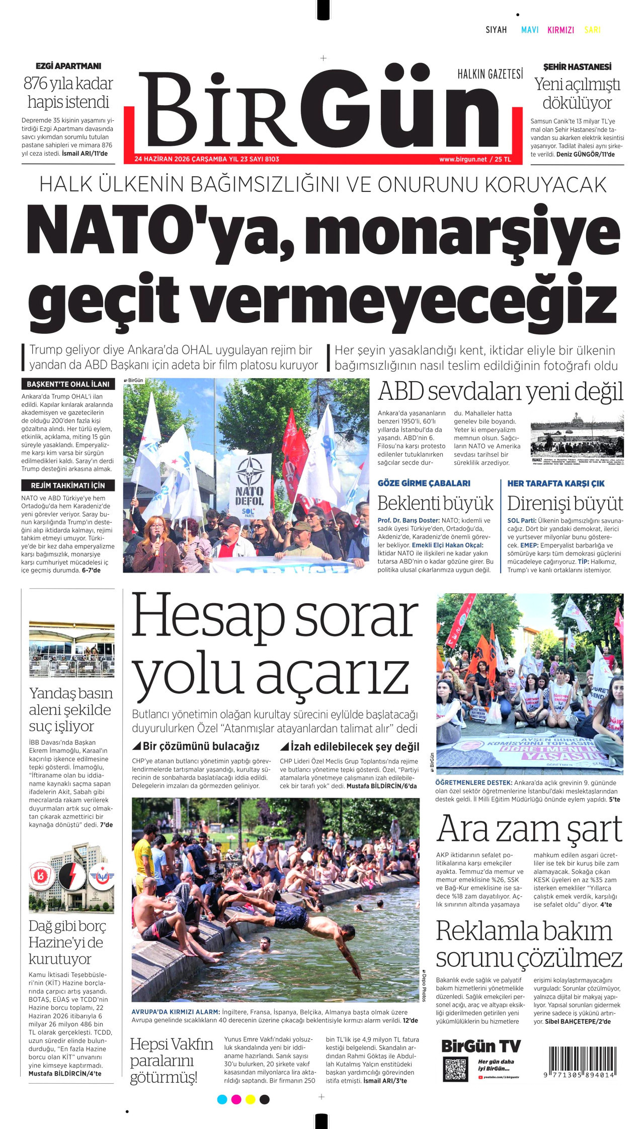 BİRGÜN gazetesinin 24 Haziran 2026 tarihli birinci sayfası