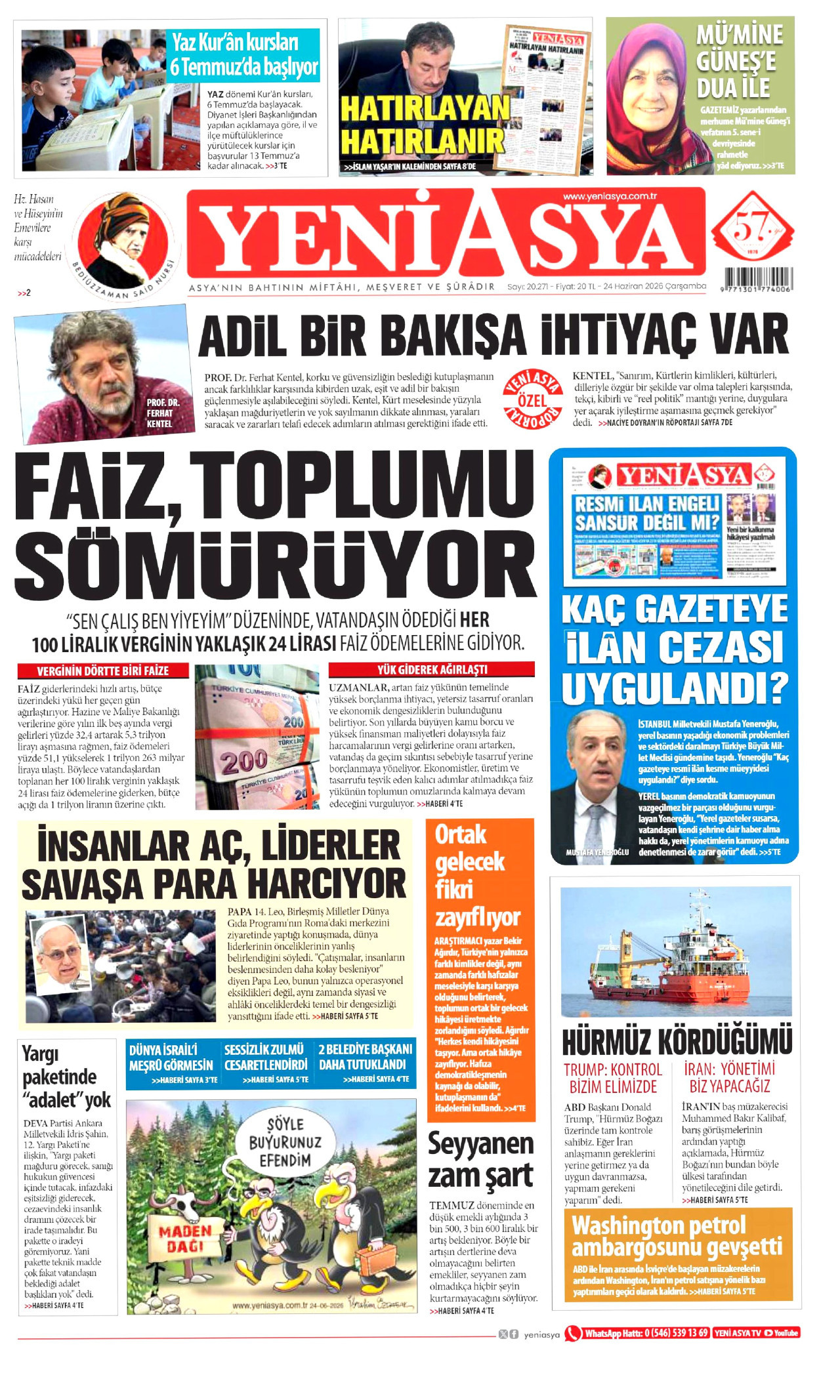 YENİ ASYA gazetesinin 24 Haziran 2026 tarihli birinci sayfası