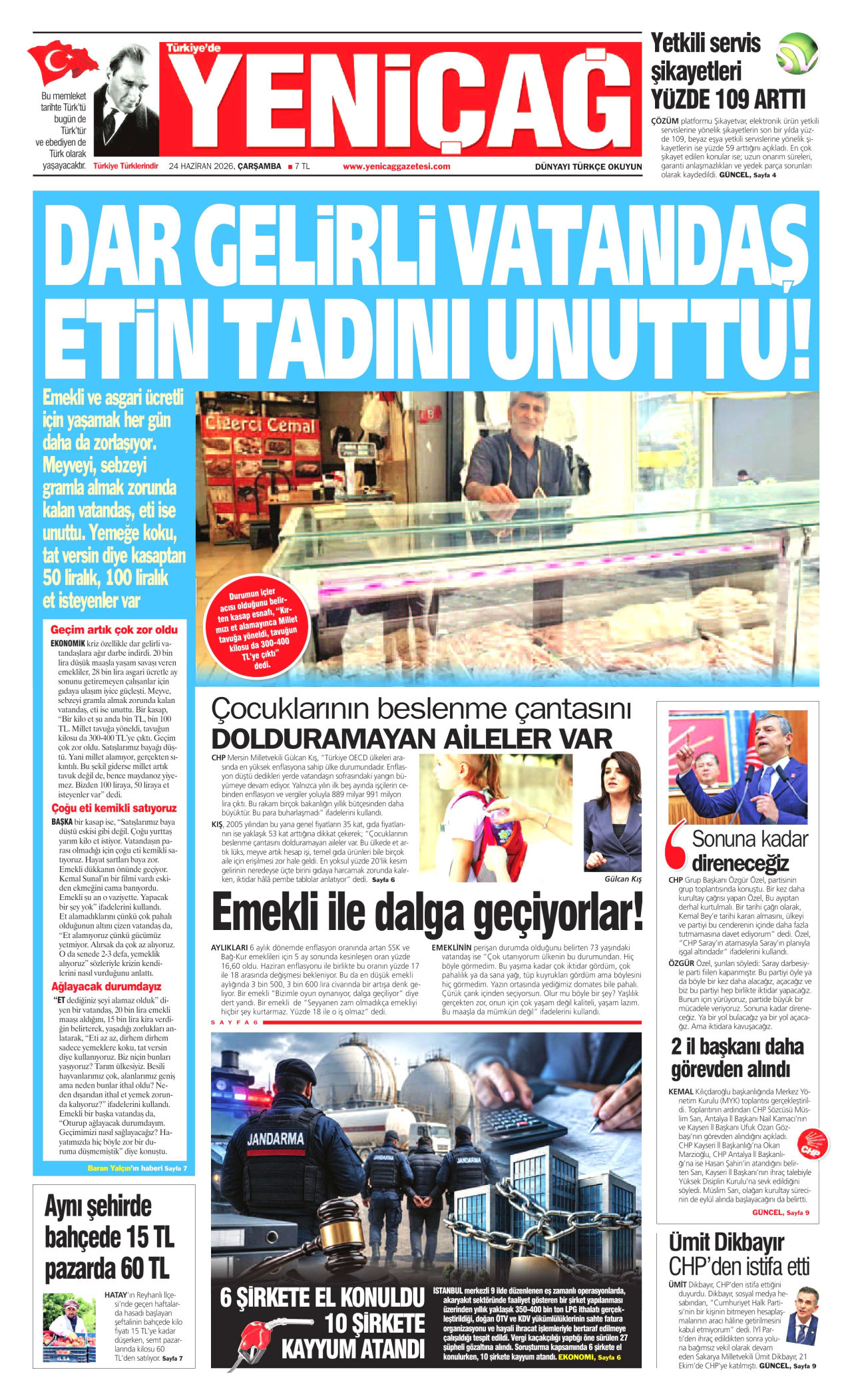 YENİÇAĞ gazetesinin 24 Haziran 2026 tarihli birinci sayfası