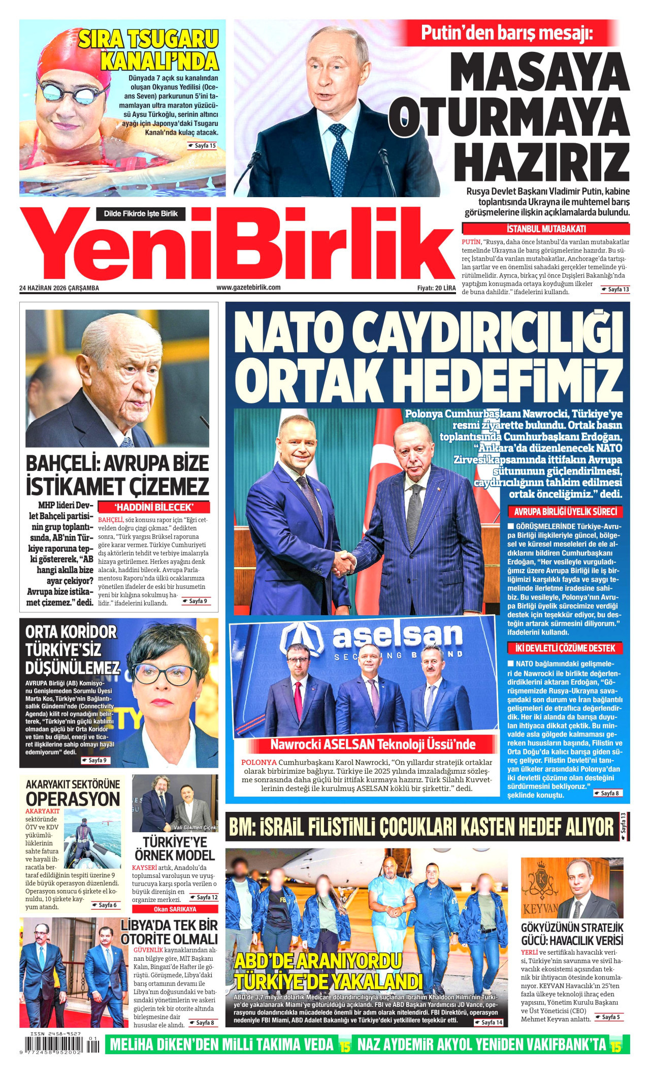 YENİBİRLİK gazetesinin 24 Haziran 2026 tarihli birinci sayfası