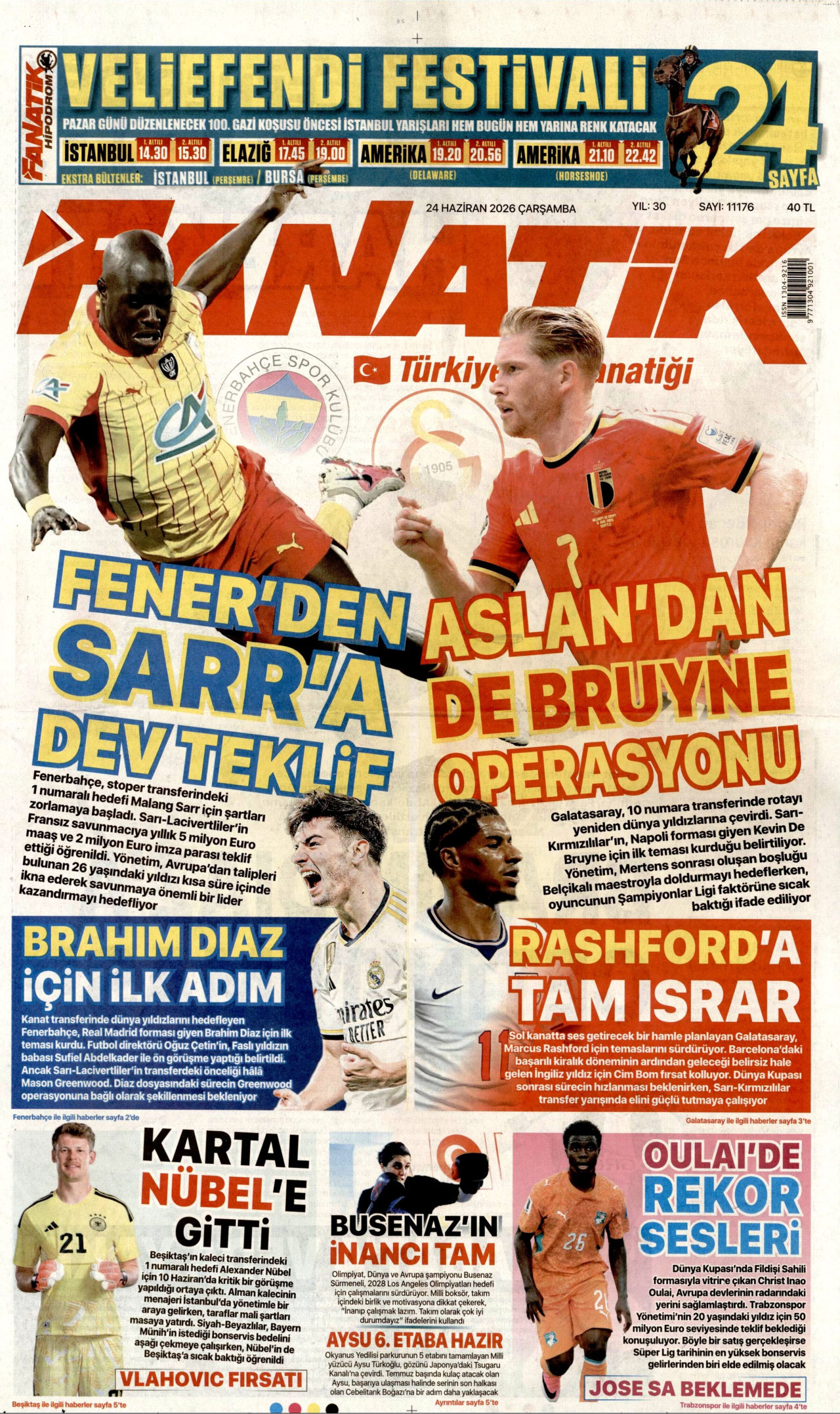 FANATİK gazetesinin 24 Haziran 2026 tarihli birinci sayfası