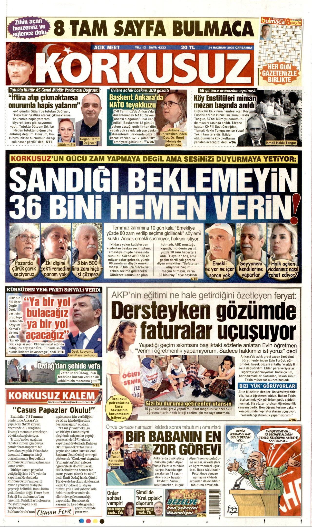 KORKUSUZ gazetesinin 24 Haziran 2026 tarihli birinci sayfası