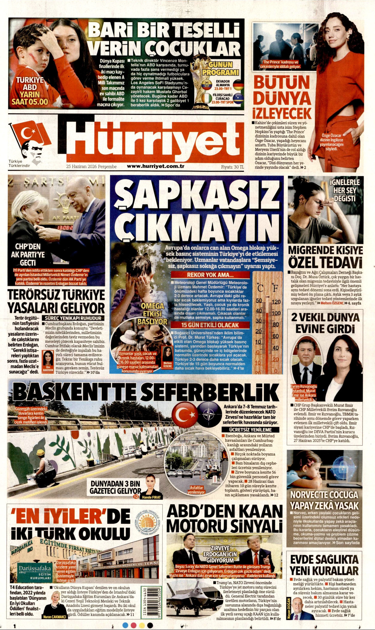 HÜRRİYET gazetesinin 25 Haziran 2026 tarihli birinci sayfası