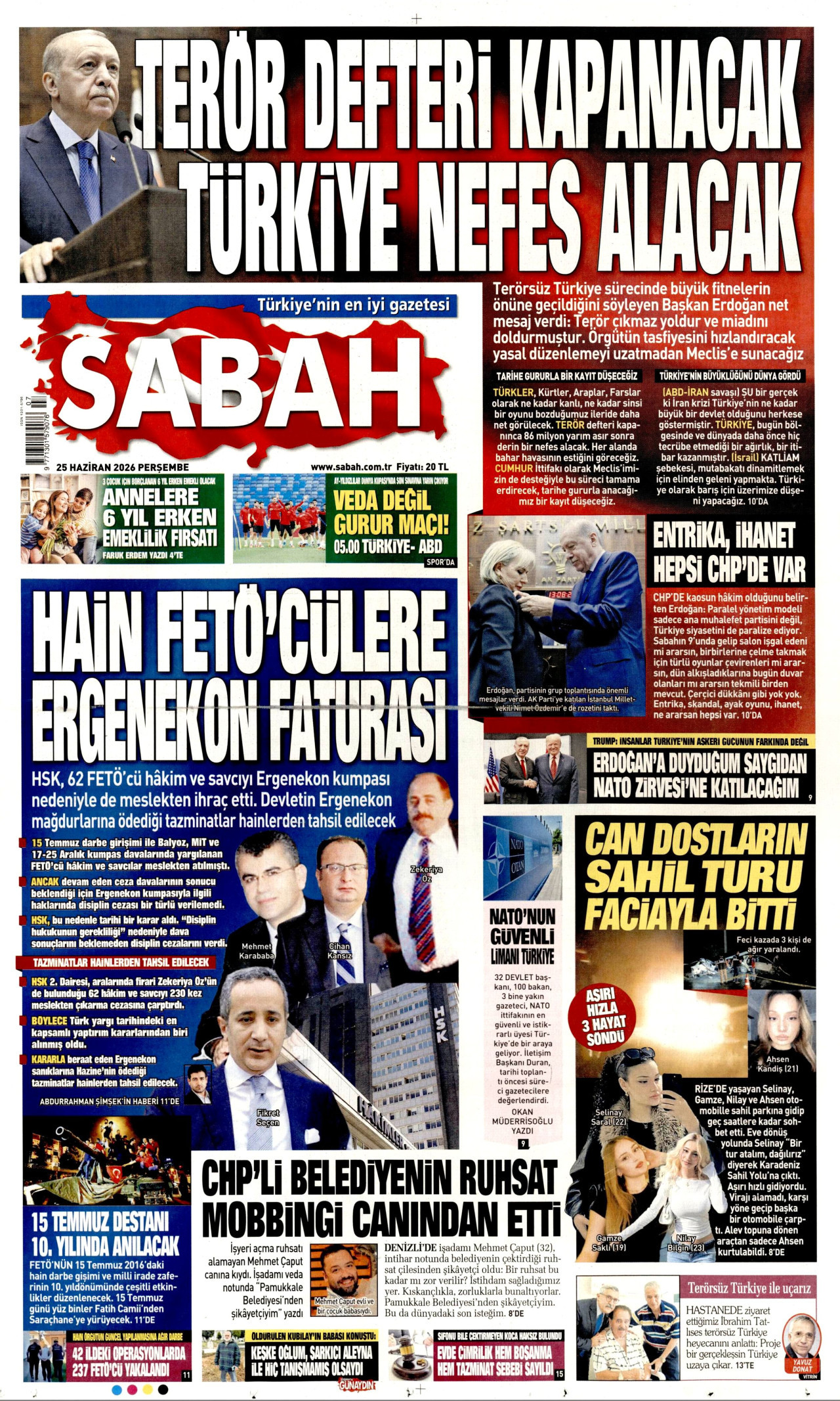 SABAH gazetesinin 25 Haziran 2026 tarihli birinci sayfası