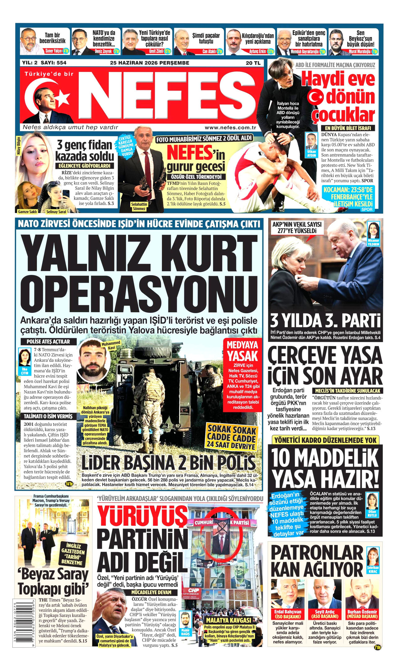 NEFES gazetesinin 25 Haziran 2026 tarihli birinci sayfası