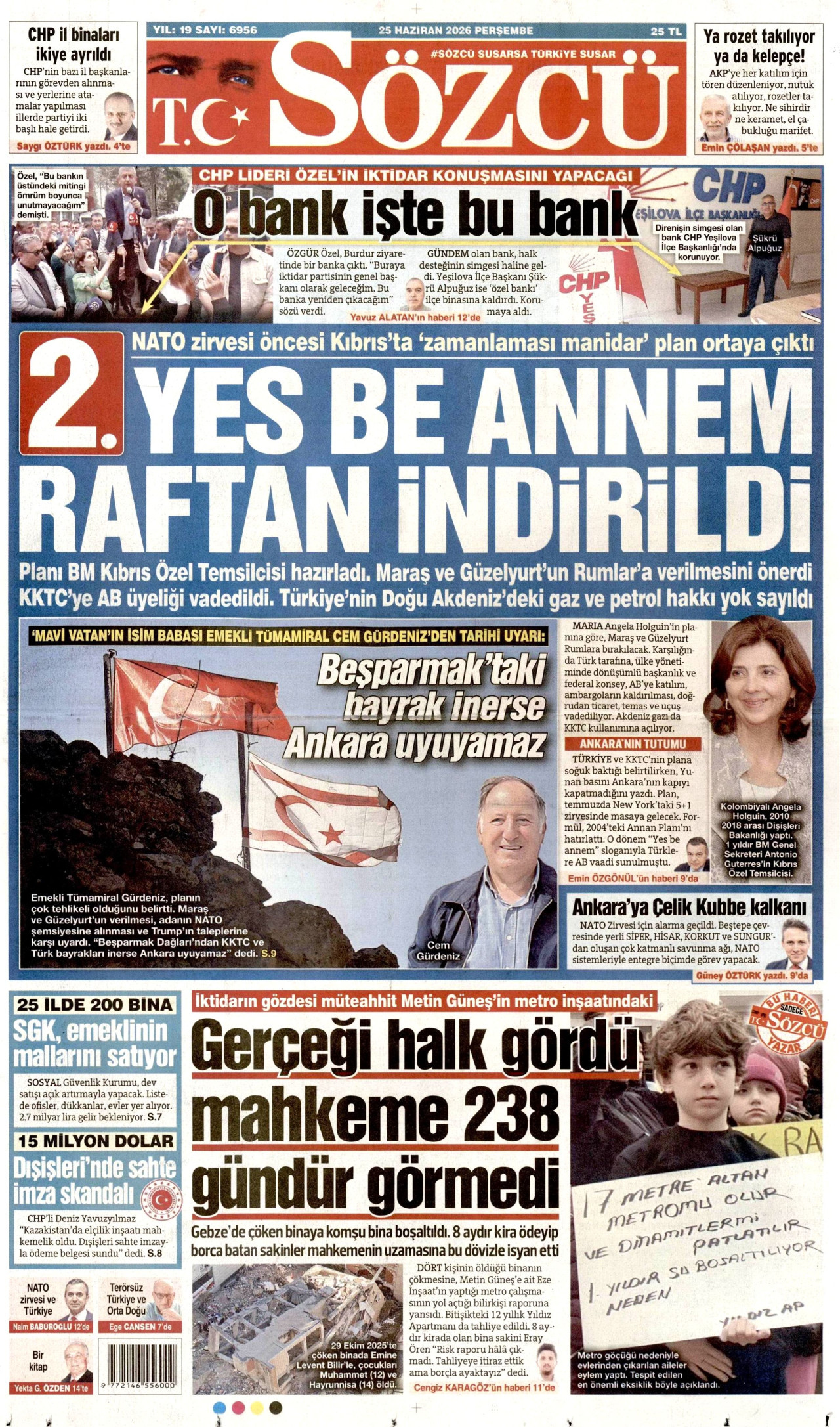 SÖZCÜ gazetesinin 25 Haziran 2026 tarihli birinci sayfası