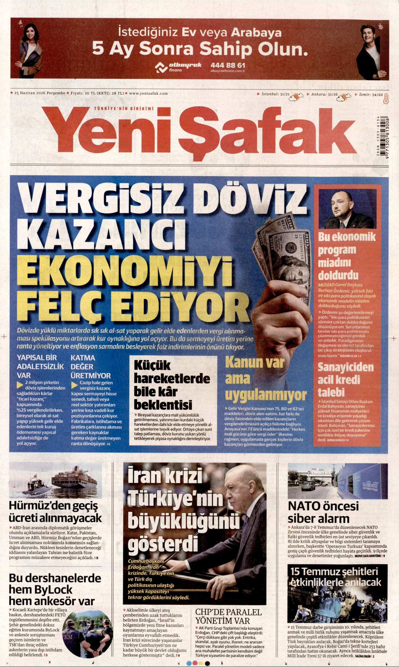 YENİ ŞAFAK gazetesinin 25 Haziran 2026 tarihli birinci sayfası