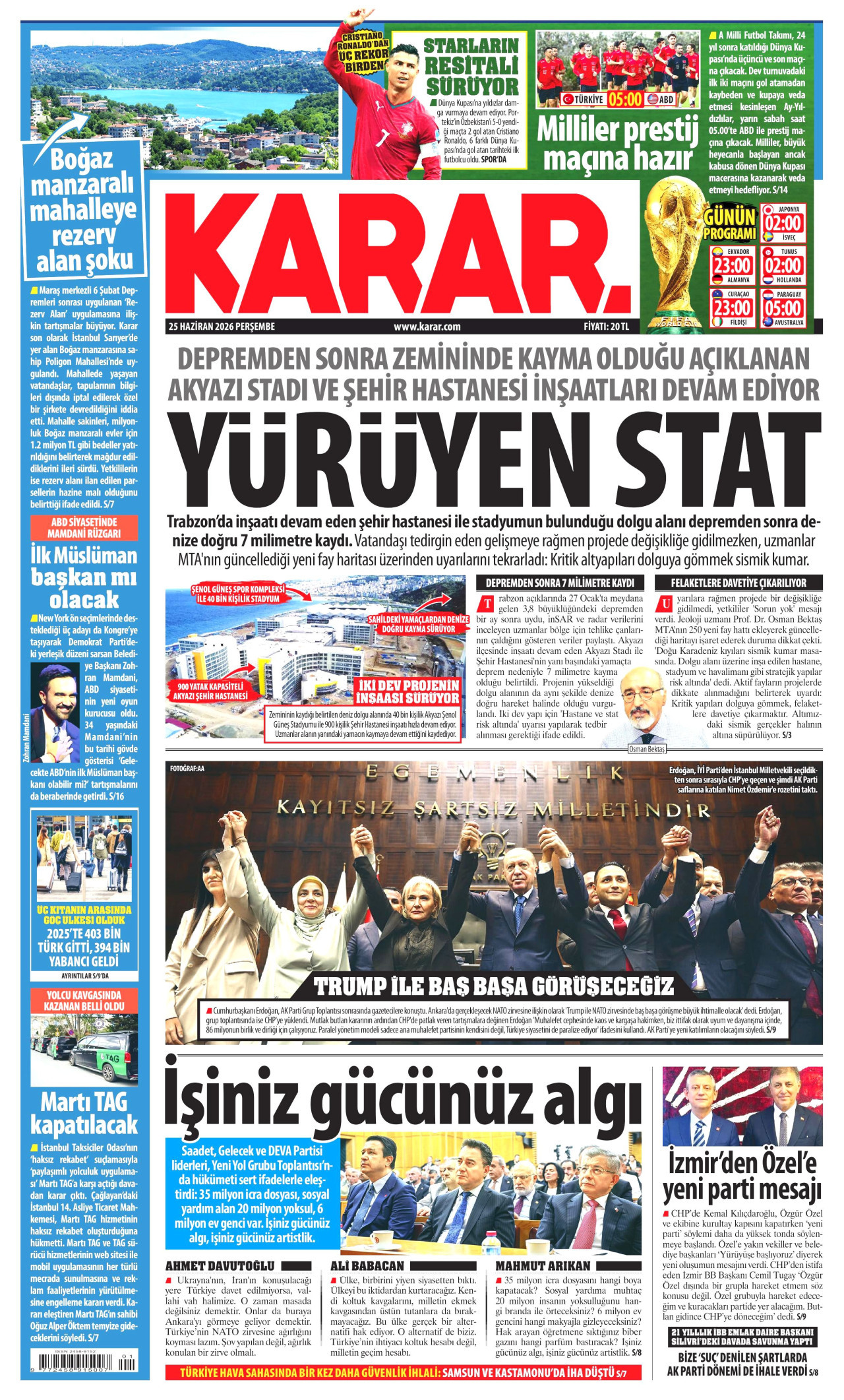 KARAR gazetesinin 25 Haziran 2026 tarihli birinci sayfası