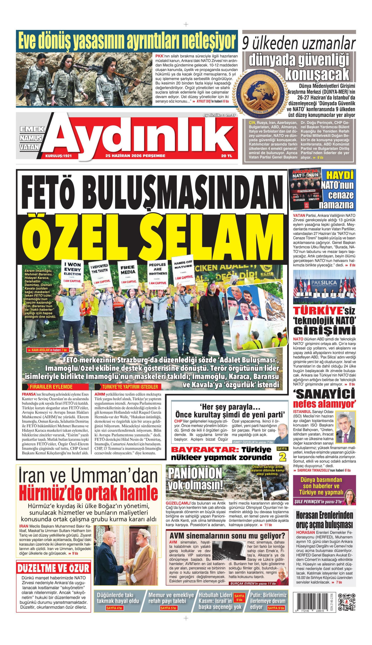 AYDINLIK GAZETESİ gazetesinin 25 Haziran 2026 tarihli birinci sayfası