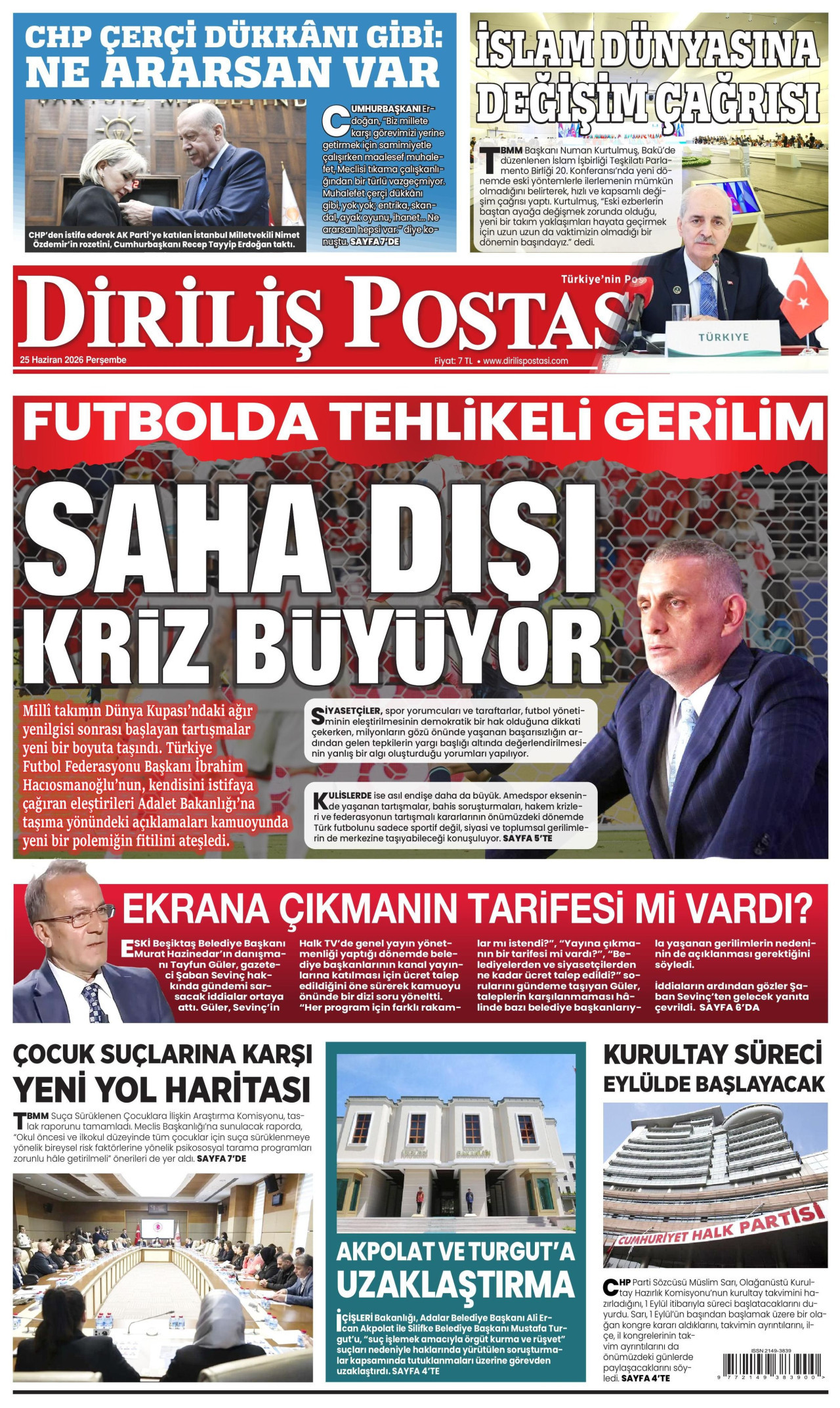DİRİLİŞ POSTASI gazetesinin 25 Haziran 2026 tarihli birinci sayfası