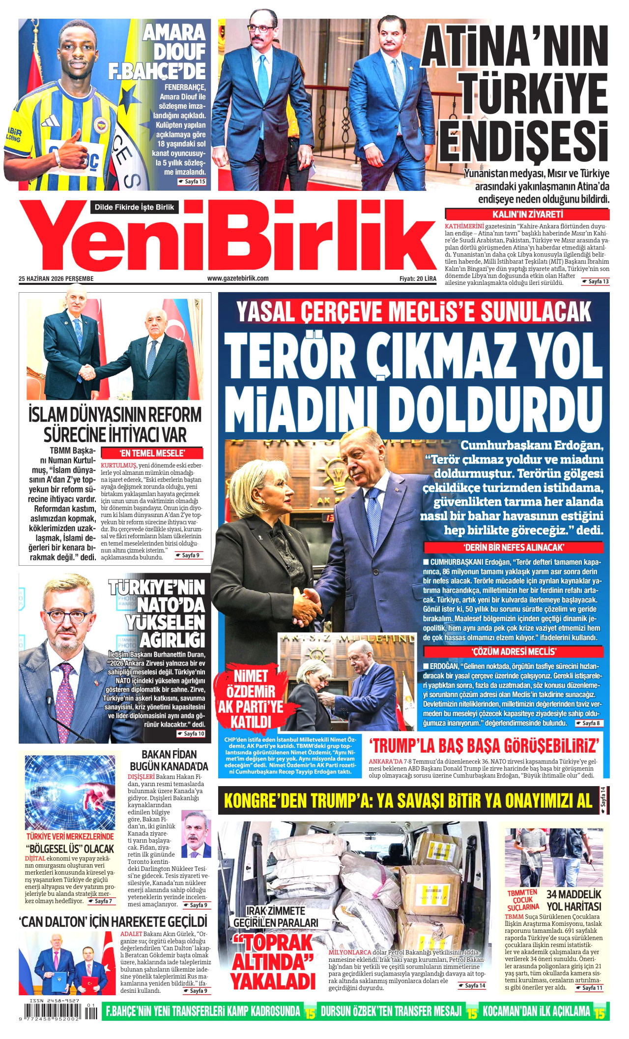 YENİBİRLİK gazetesinin 25 Haziran 2026 tarihli birinci sayfası