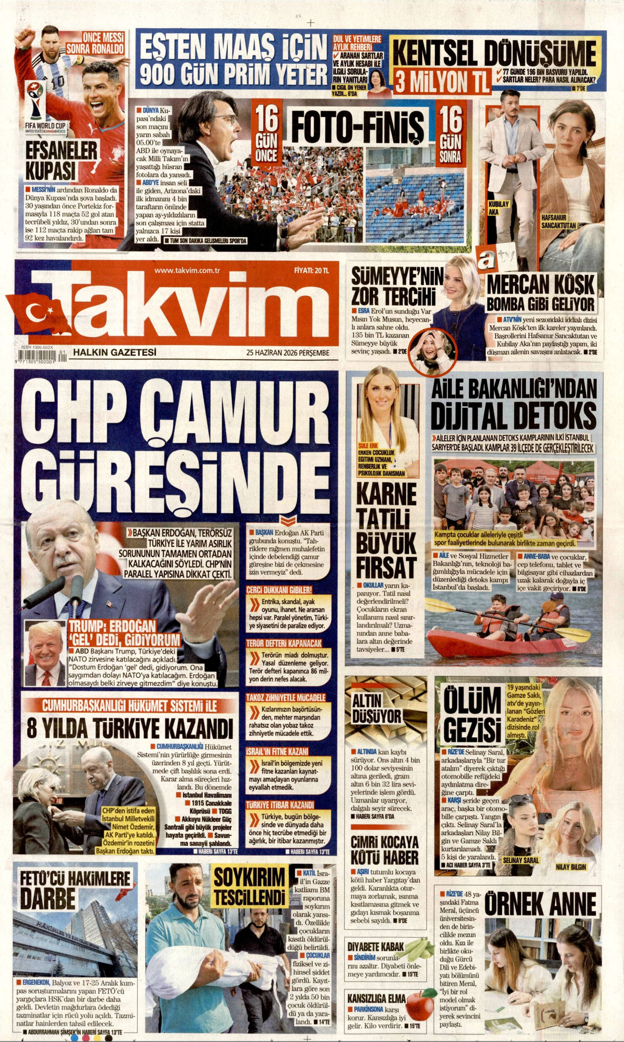 TAKVİM gazetesinin 25 Haziran 2026 tarihli birinci sayfası