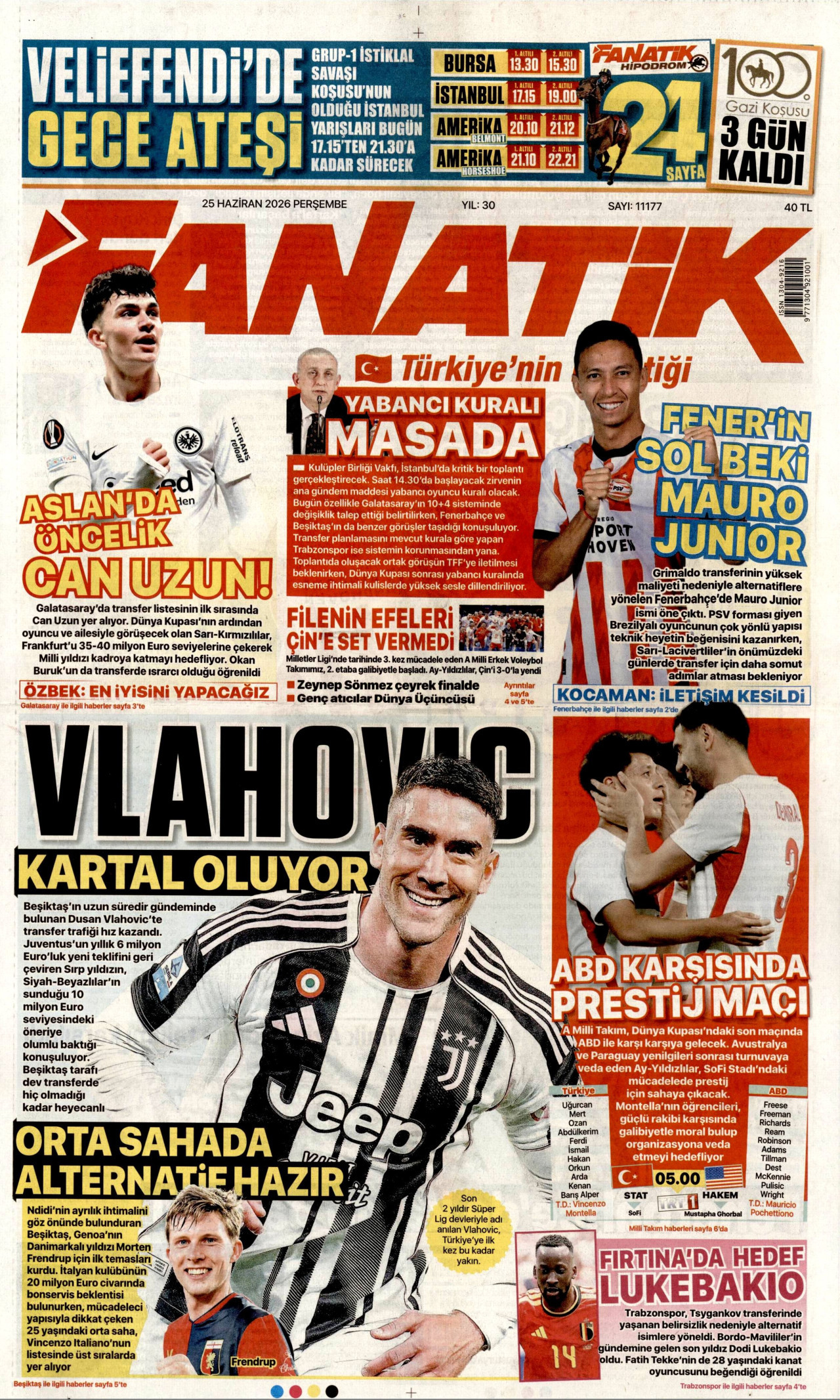 FANATİK gazetesinin 25 Haziran 2026 tarihli birinci sayfası