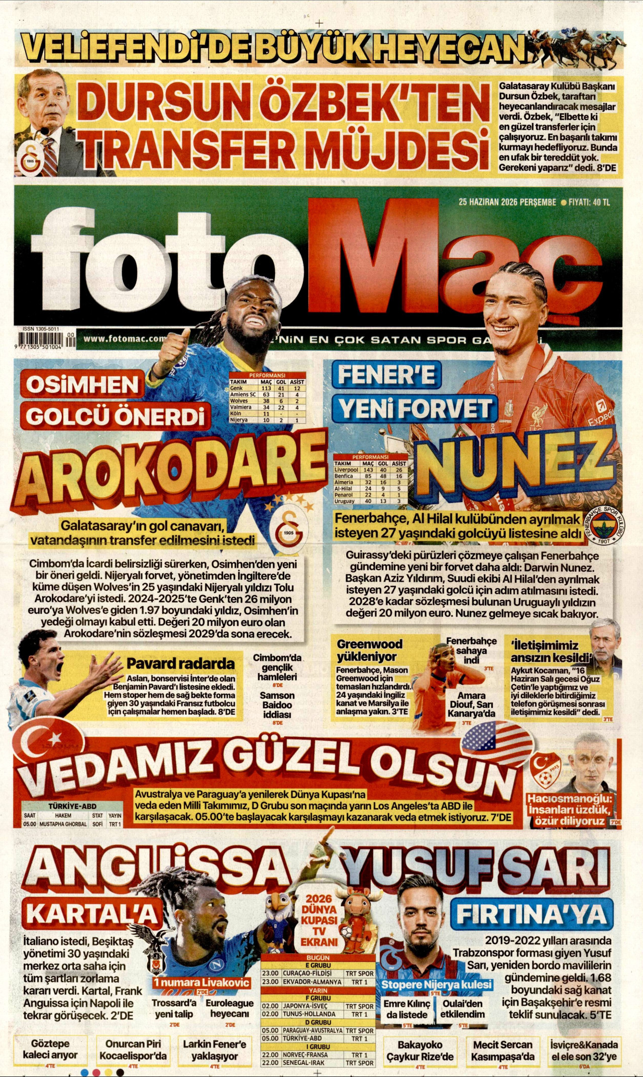 FOTOMAÇ gazetesinin 25 Haziran 2026 tarihli birinci sayfası