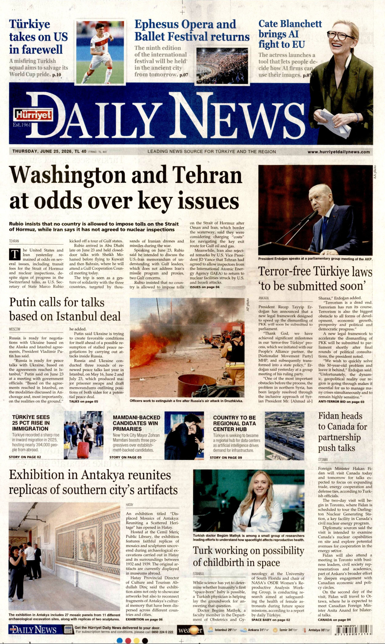HÜRRİYET DAİLY NEWS gazetesinin 25 Haziran 2026 tarihli birinci sayfası