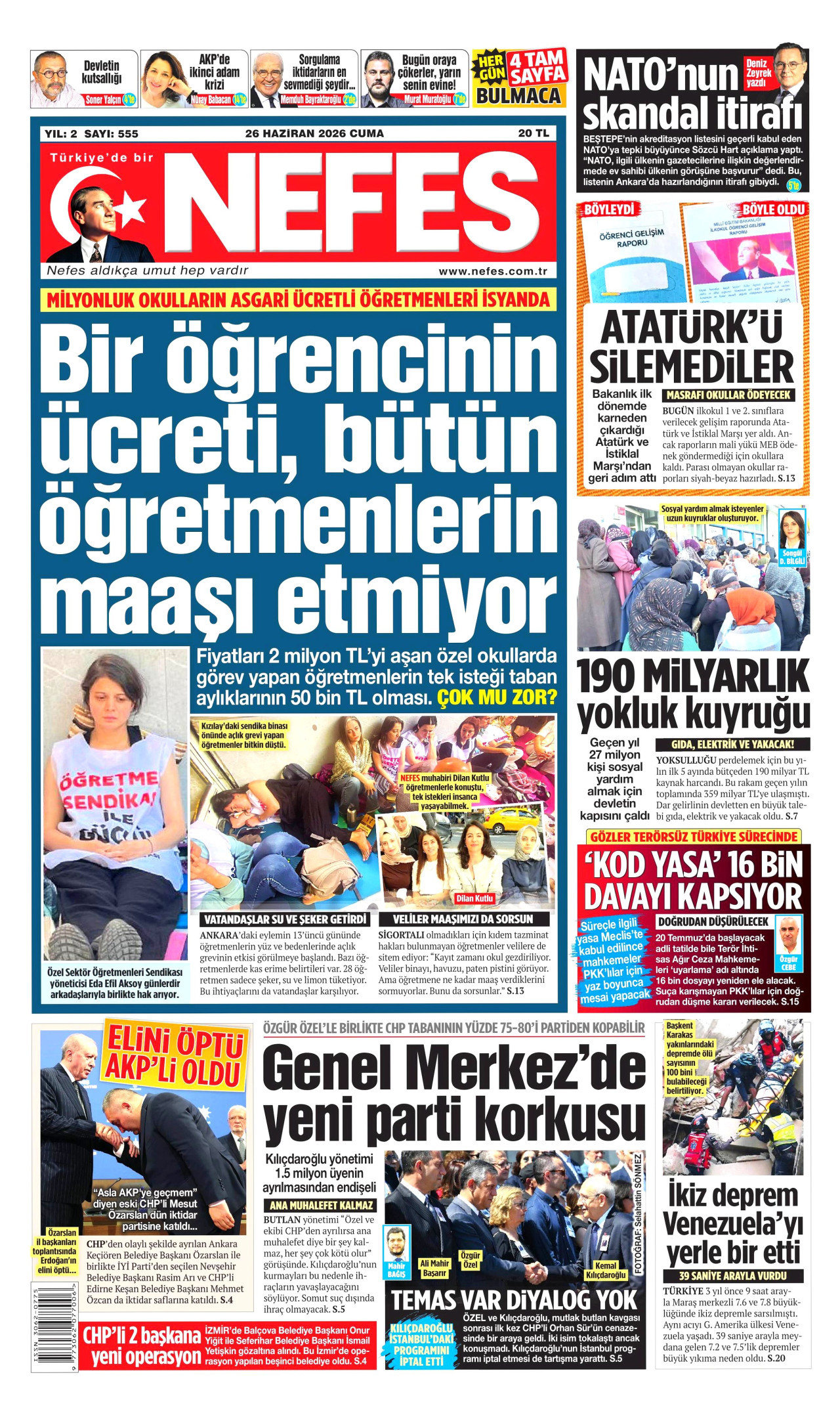 NEFES gazetesinin 26 Haziran 2026 tarihli birinci sayfası