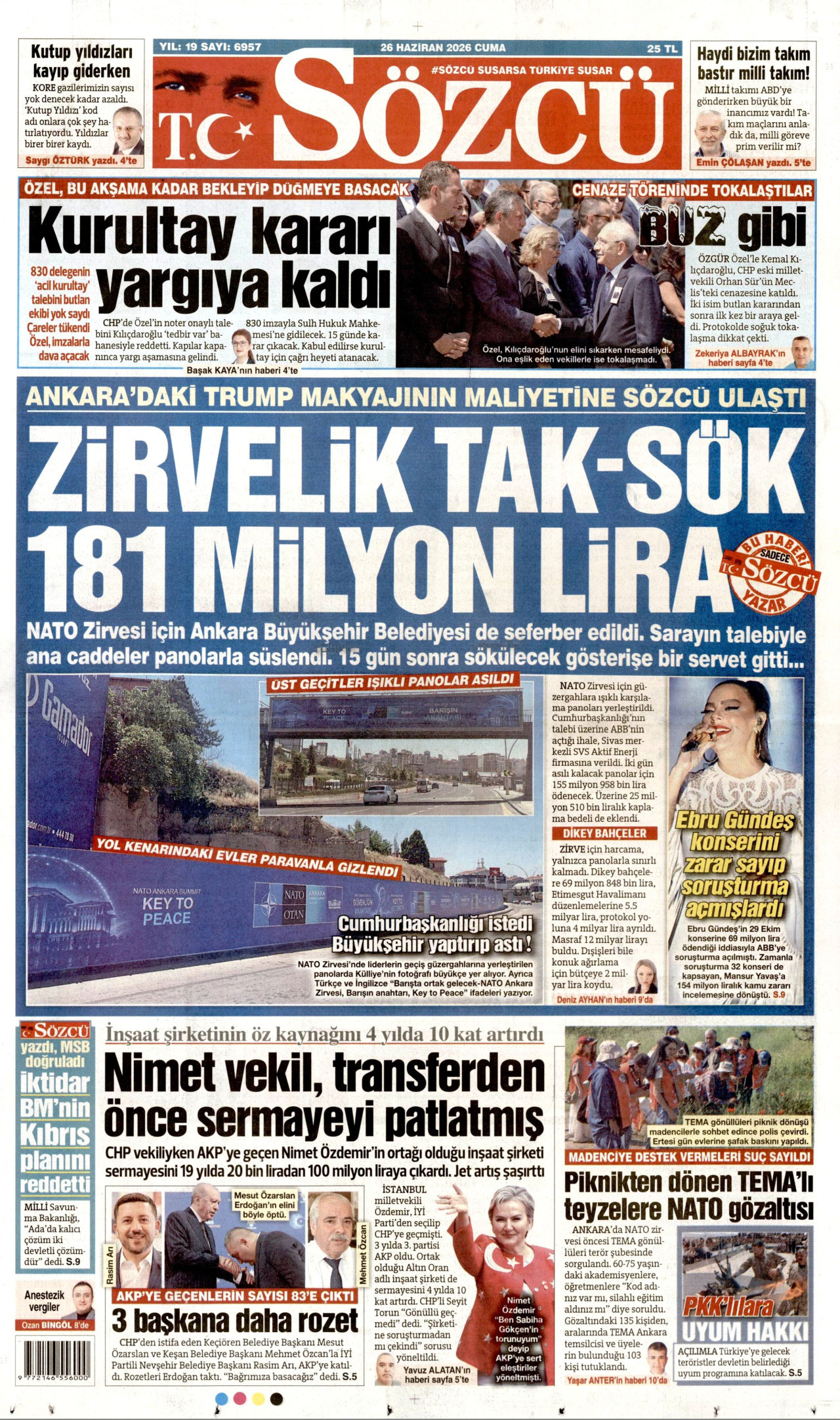 SÖZCÜ gazetesinin 26 Haziran 2026 tarihli birinci sayfası