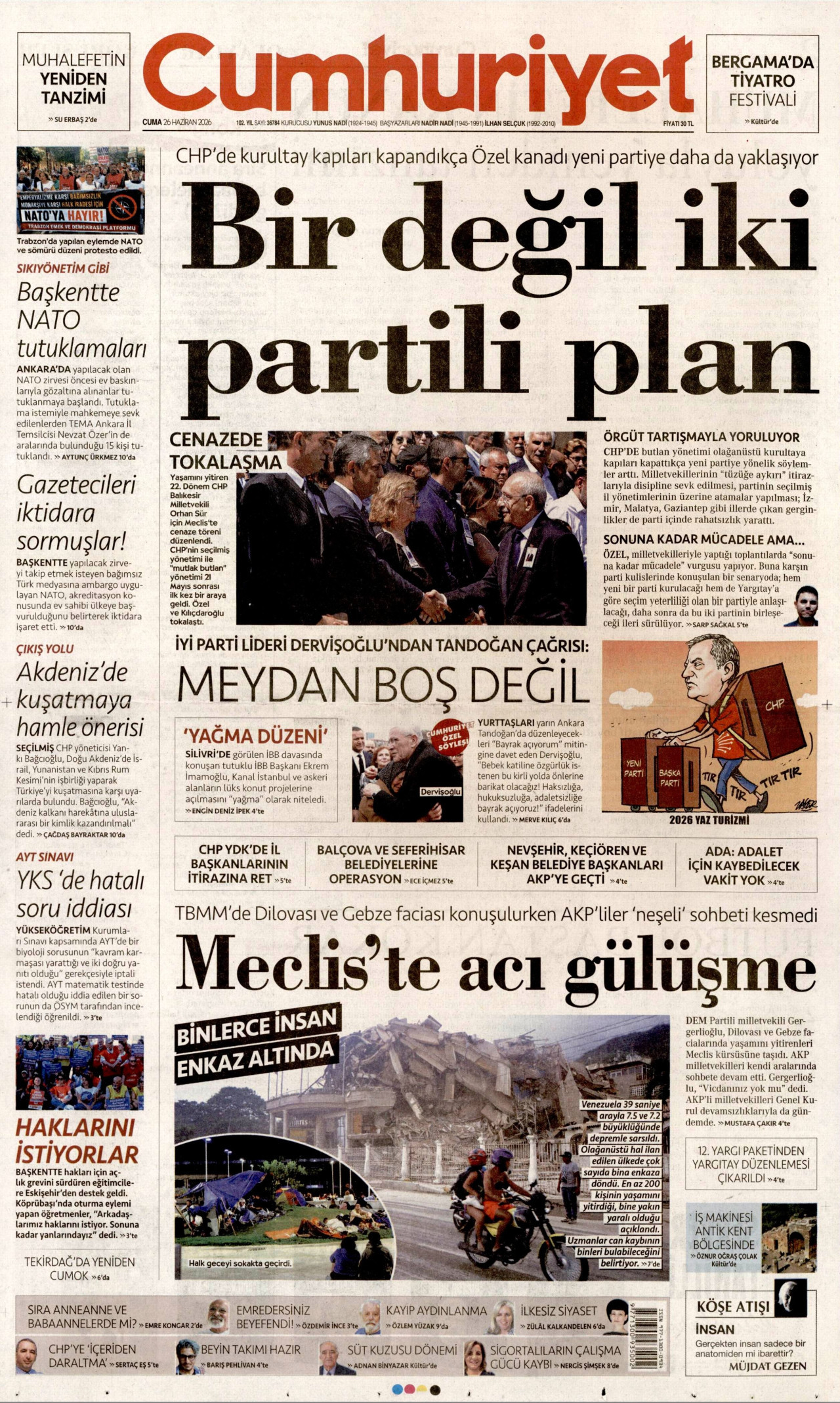 CUMHURİYET gazetesinin 26 Haziran 2026 tarihli birinci sayfası