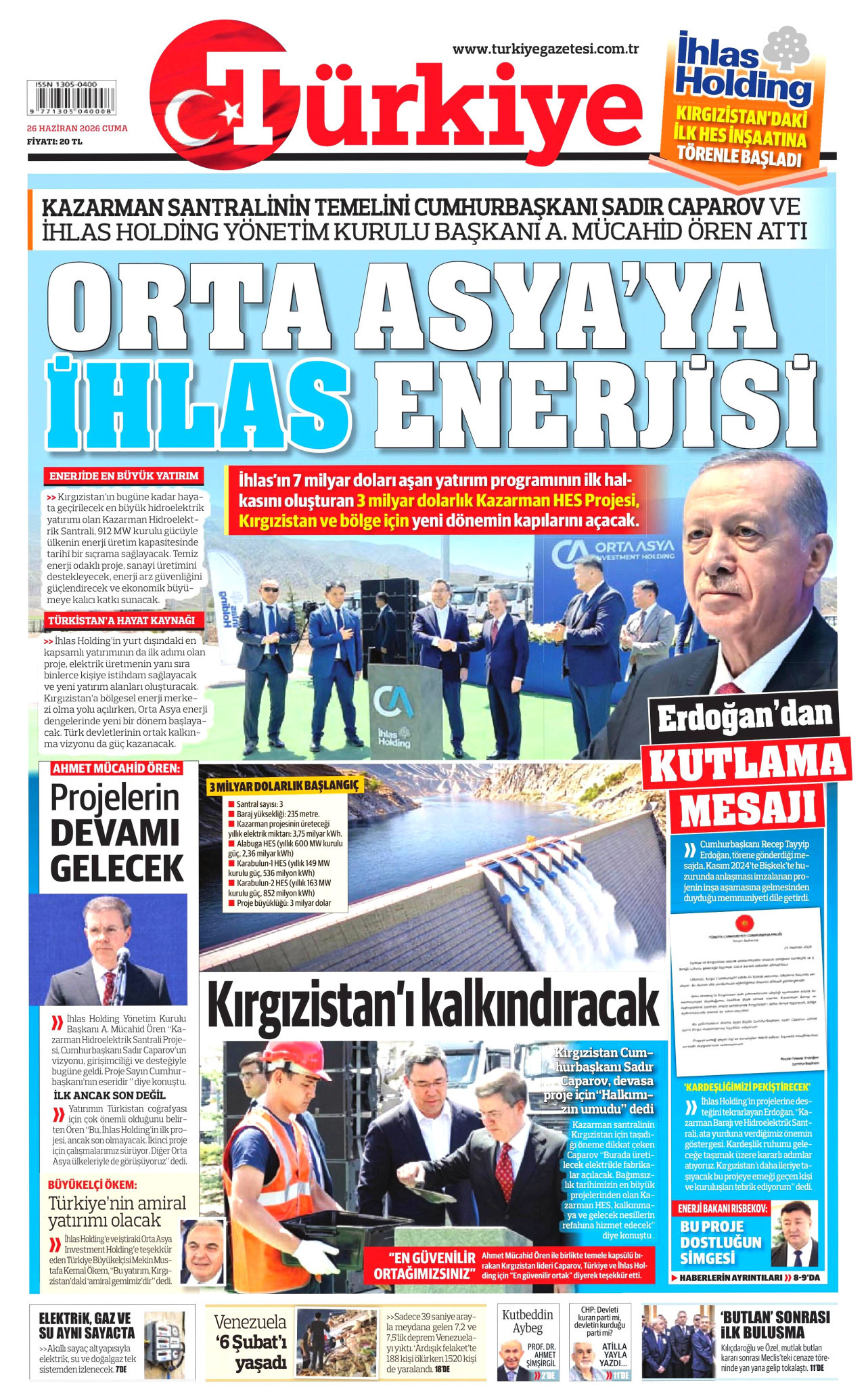 TÜRKİYE GAZETESİ gazetesinin 26 Haziran 2026 tarihli birinci sayfası