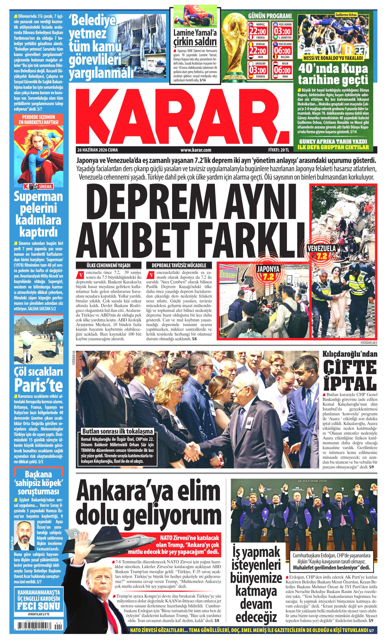 KARAR gazetesinin 26 Haziran 2026 tarihli birinci sayfası